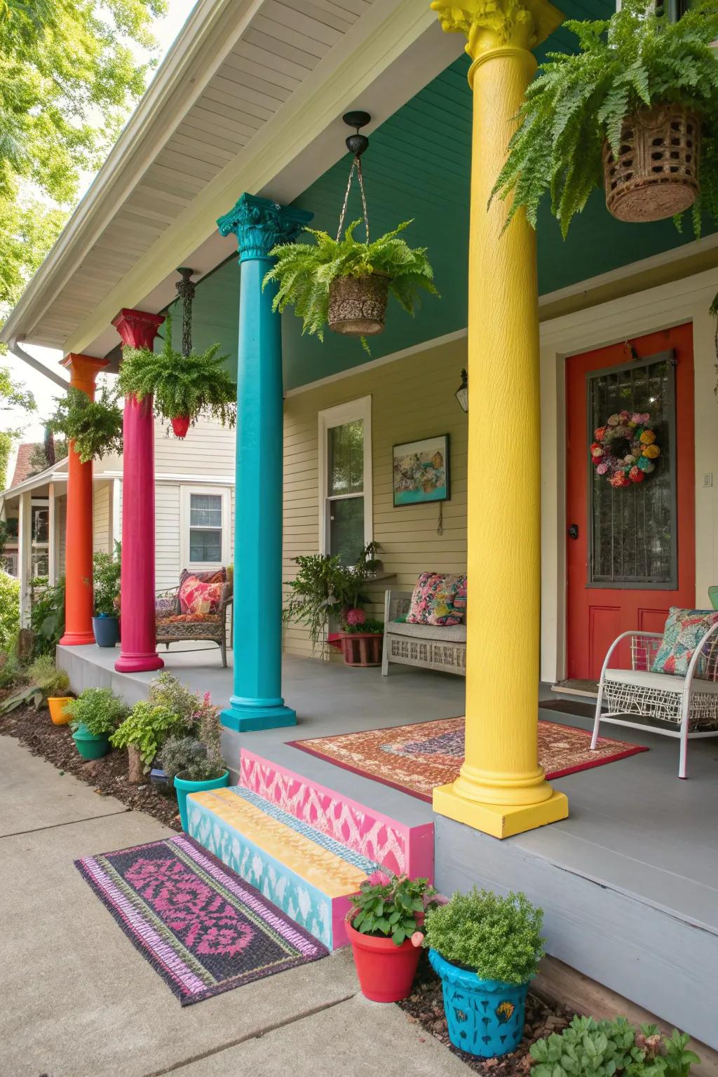 Colorful columns bring personality to this unique porch.