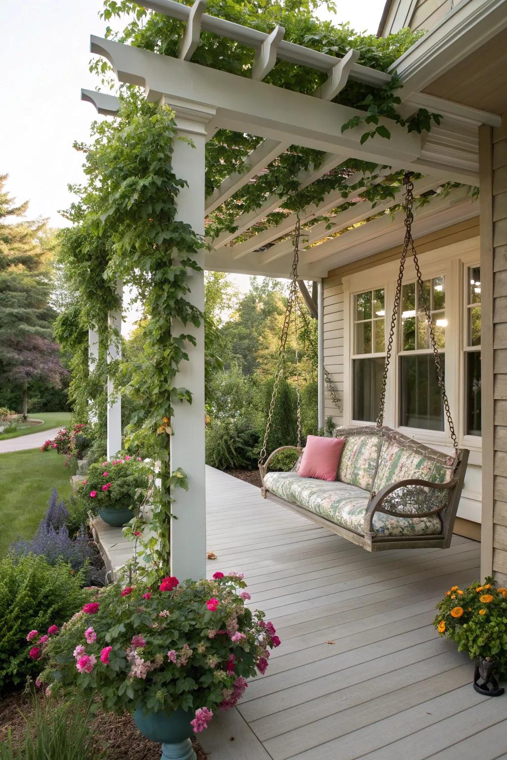 A swing adds charm and fun to your pergola.