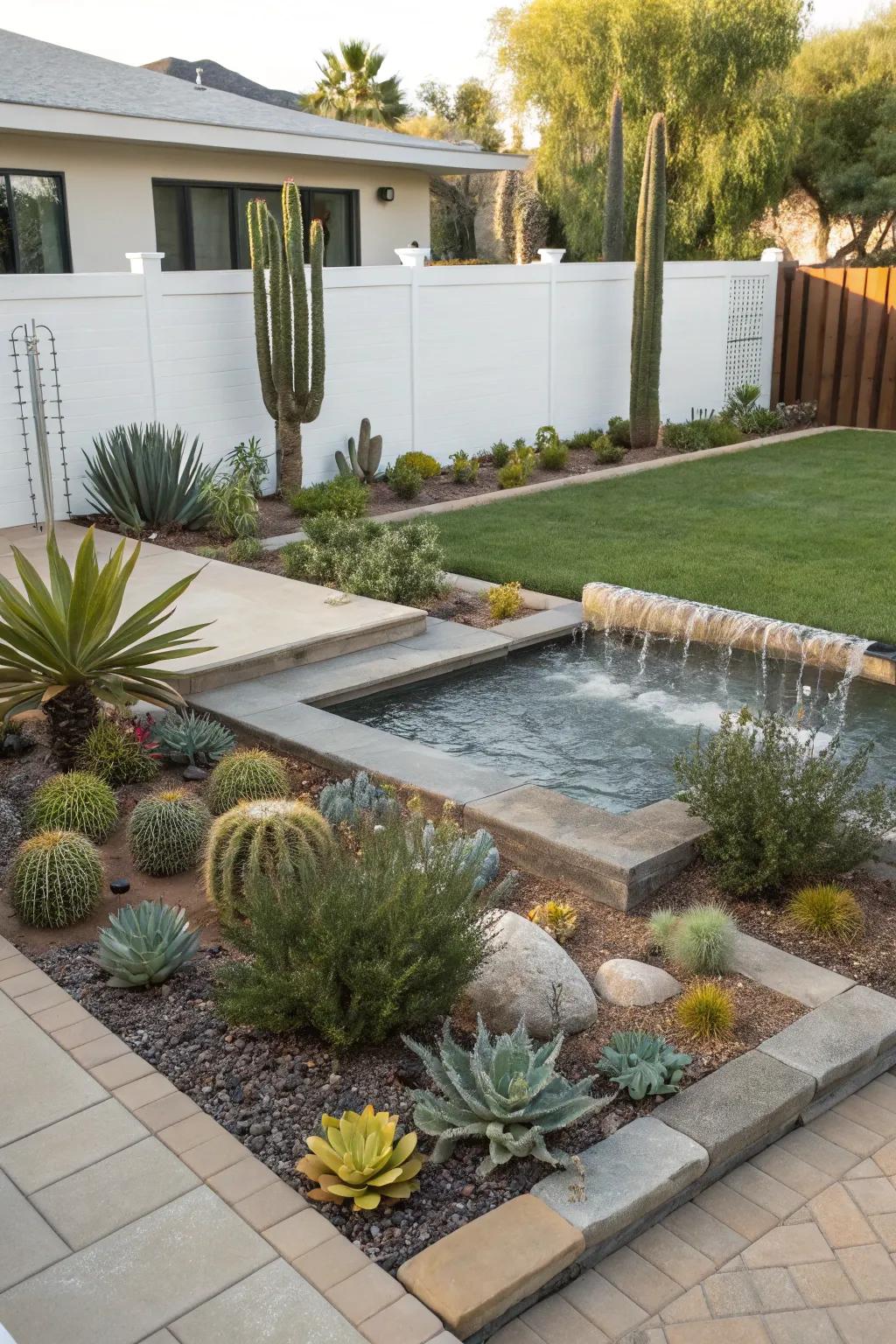 A small water feature adds tranquility and elegance to the landscape.