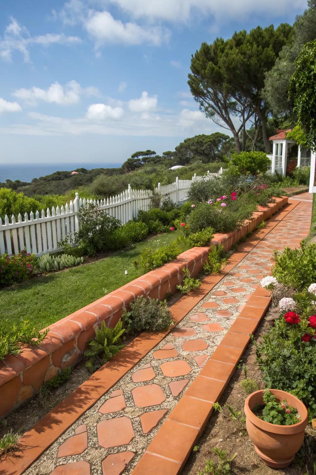 Terracotta tiles bring warm, Mediterranean charm to garden edges.