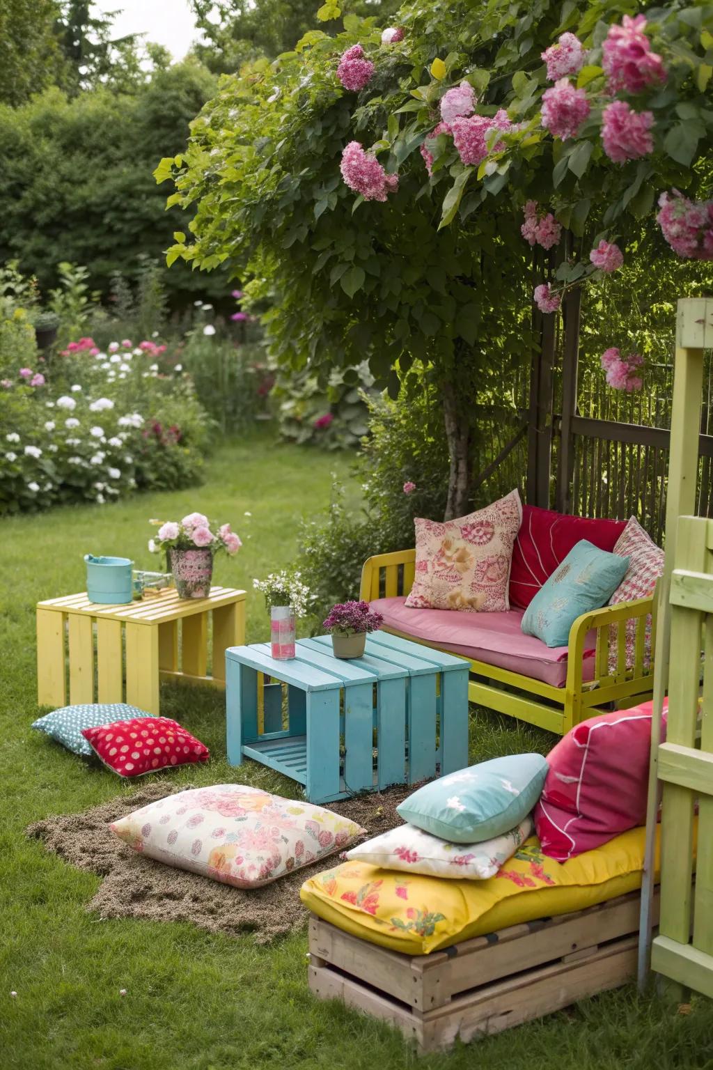Repurposed furniture with bright colors adds charm to the garden.