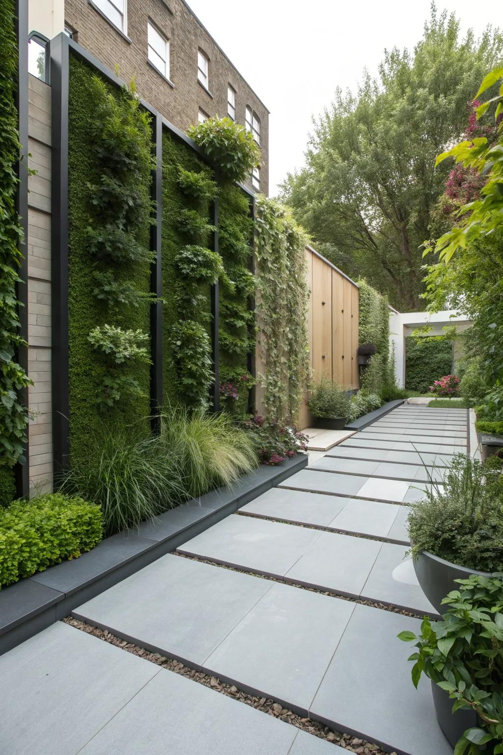 A garden featuring vertical greenery complementing modern paving.