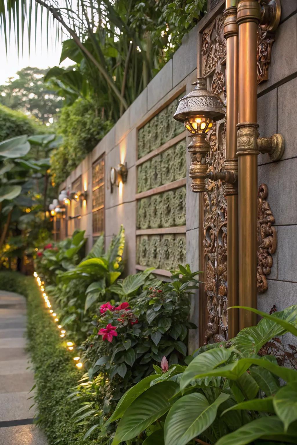 Metallic accents add elegance to any garden wall.