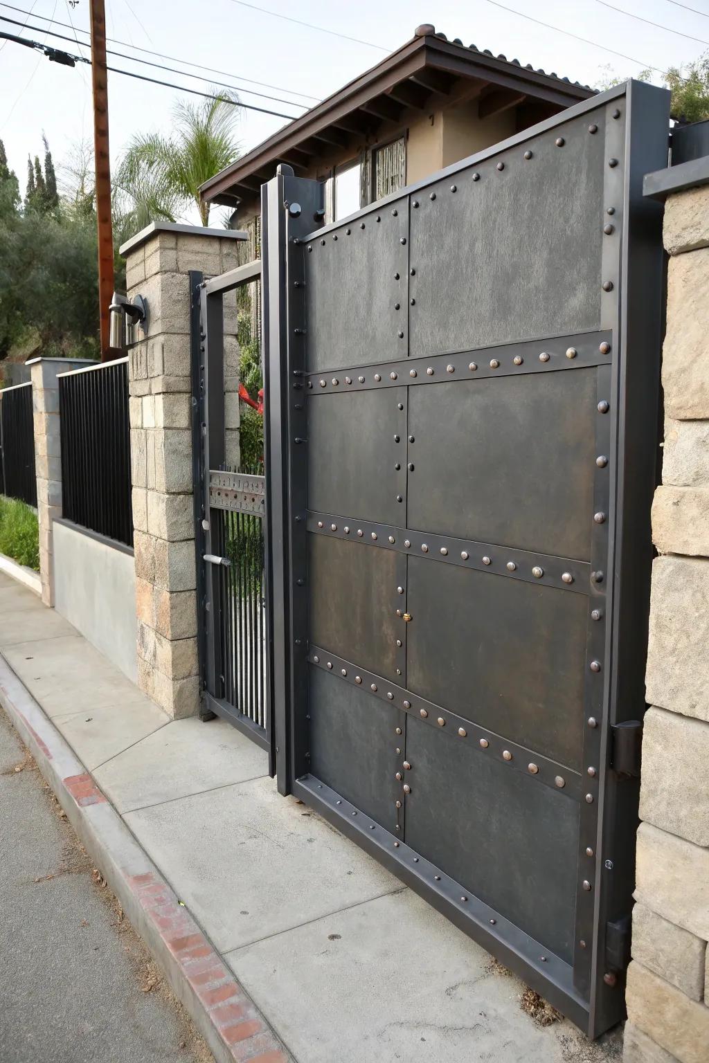 An industrial-style gate with a modern rugged feel.
