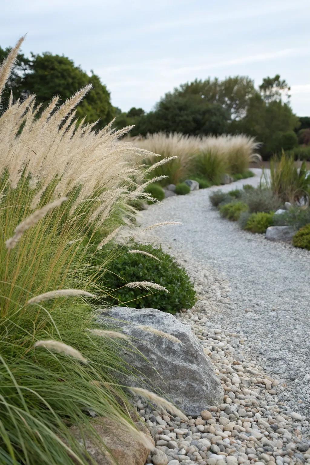 Ornamental grasses adding movement to a gravel garden.