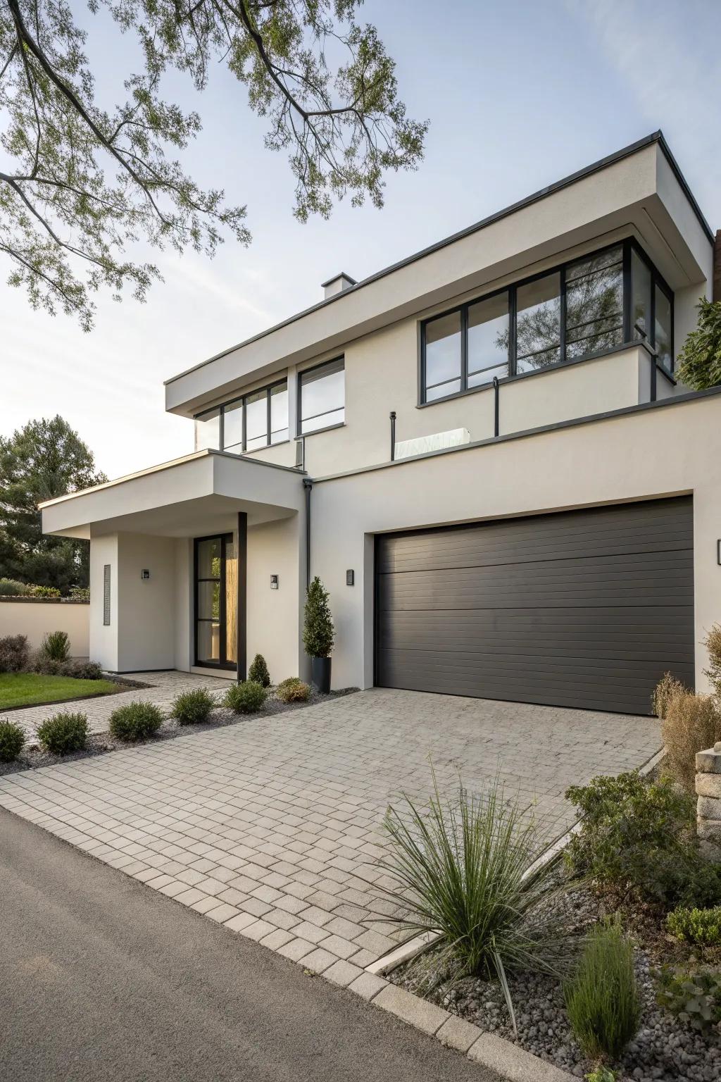 A low-profile garage door maintains a seamless facade design.