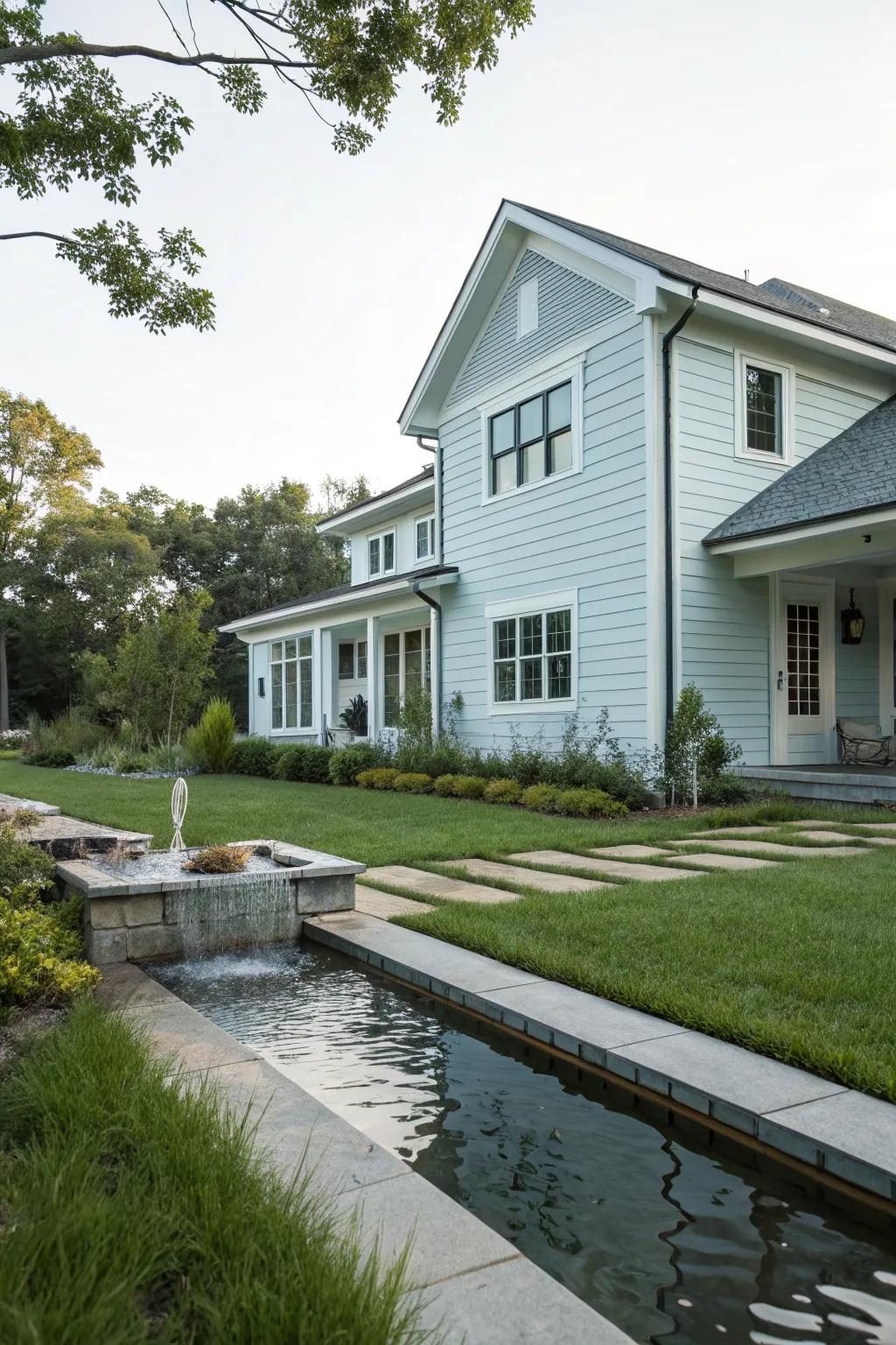 A modern house with a light blue exterior, evoking a serene atmosphere.