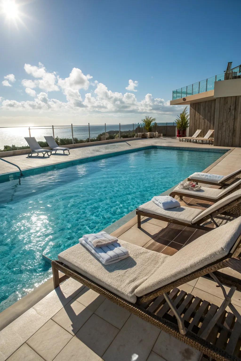 A tanning ledge provides a perfect spot for sunbathing in the pool.