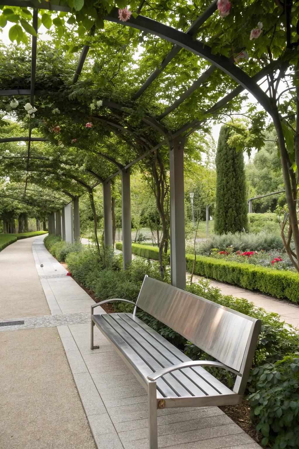 An artistic bench that serves as a stunning focal point in the garden.