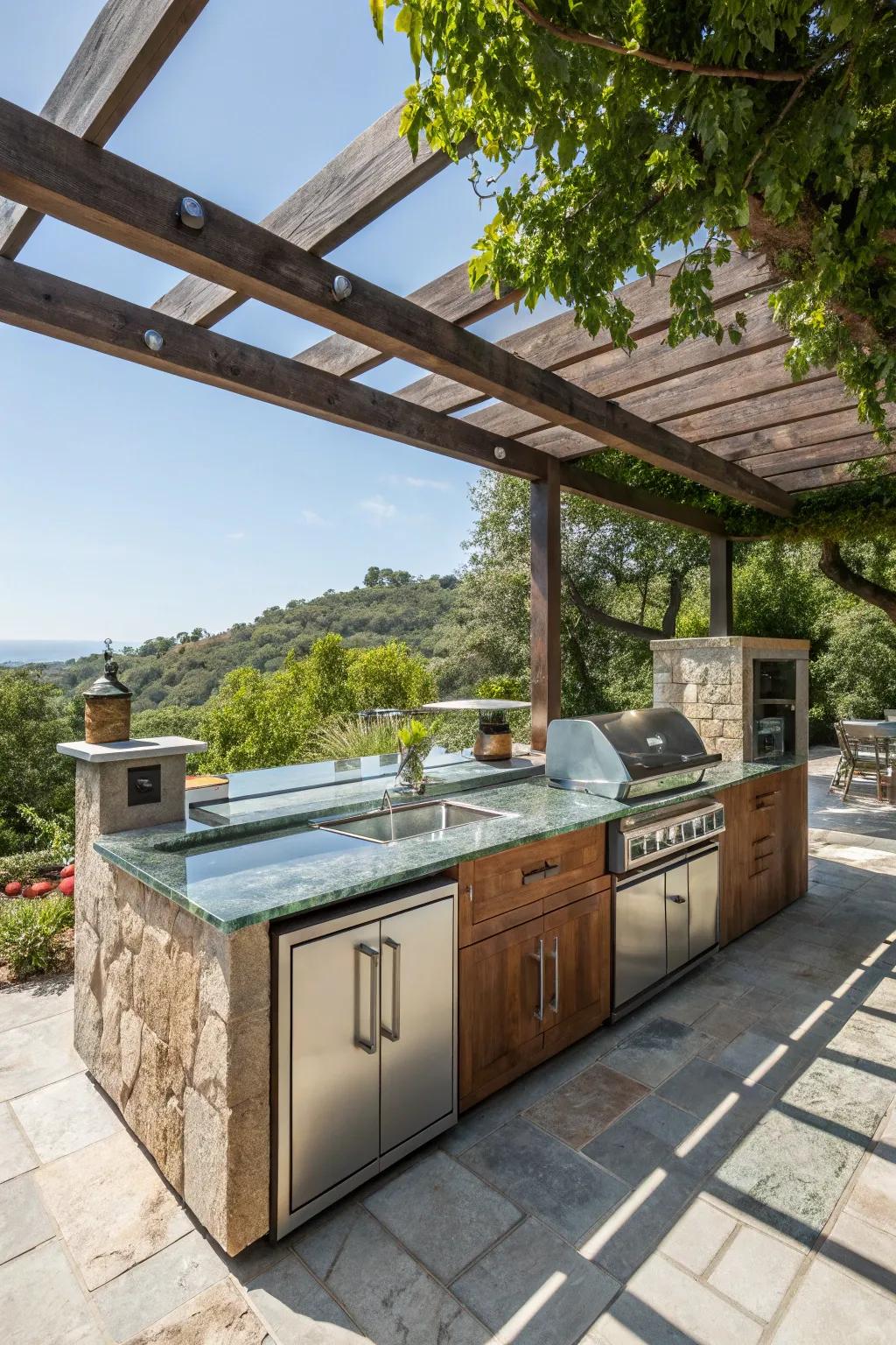 Eco-friendly touches enhance both the sustainability and beauty of outdoor kitchens.