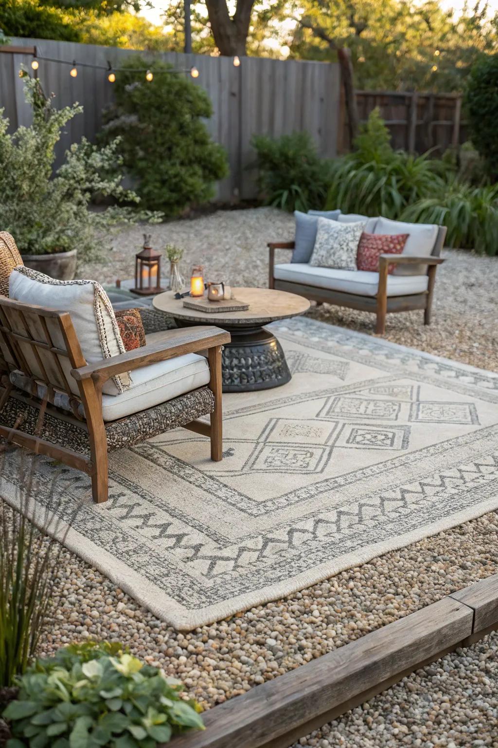 An outdoor rug brings color and comfort to a pea gravel patio.