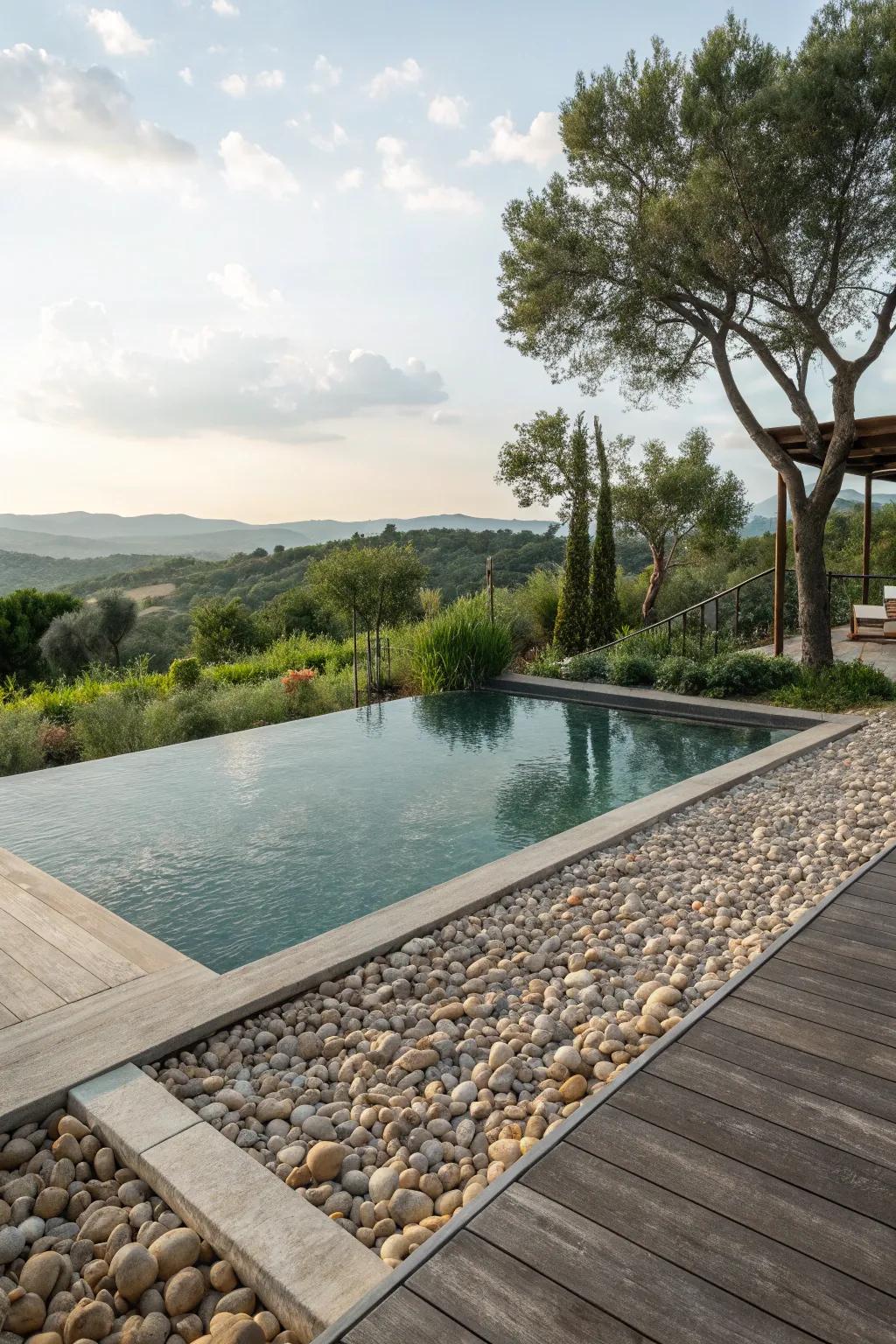 Experience a unique texture with a pebble stone pool deck.