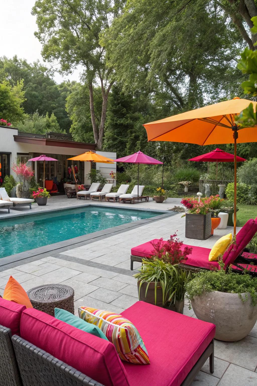 Bold color accents bring life to a modern pool patio.