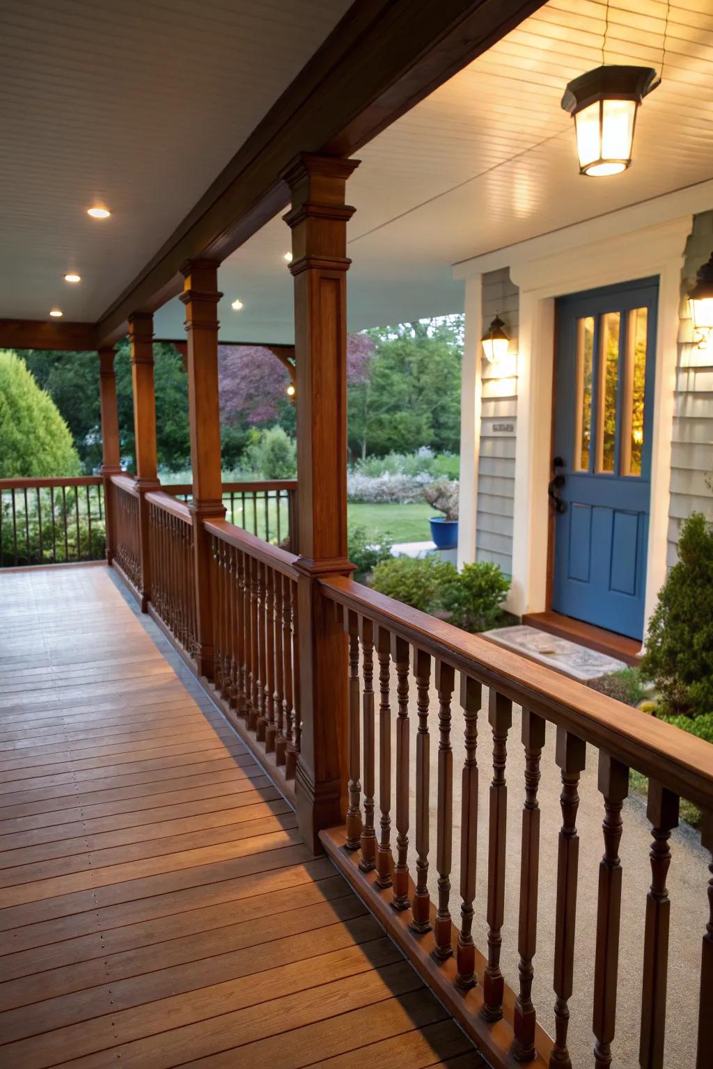 Vertical wood balusters provide a classic and refined look.