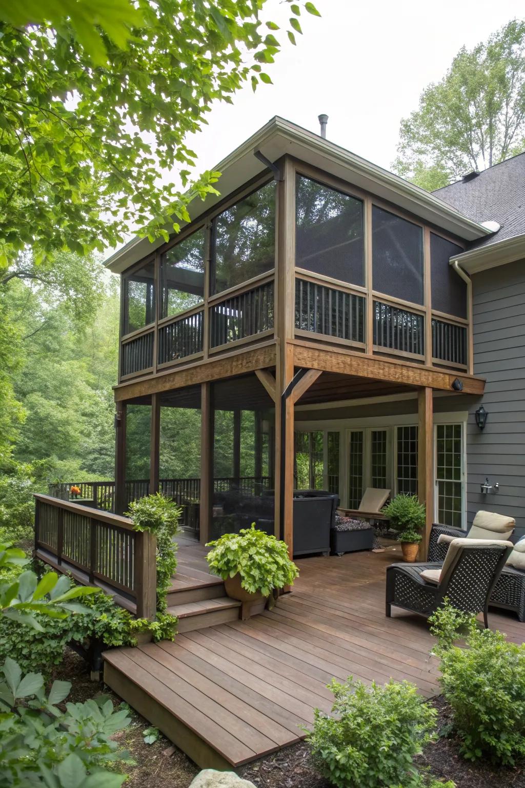 A screened-in area offering bug-free enjoyment.