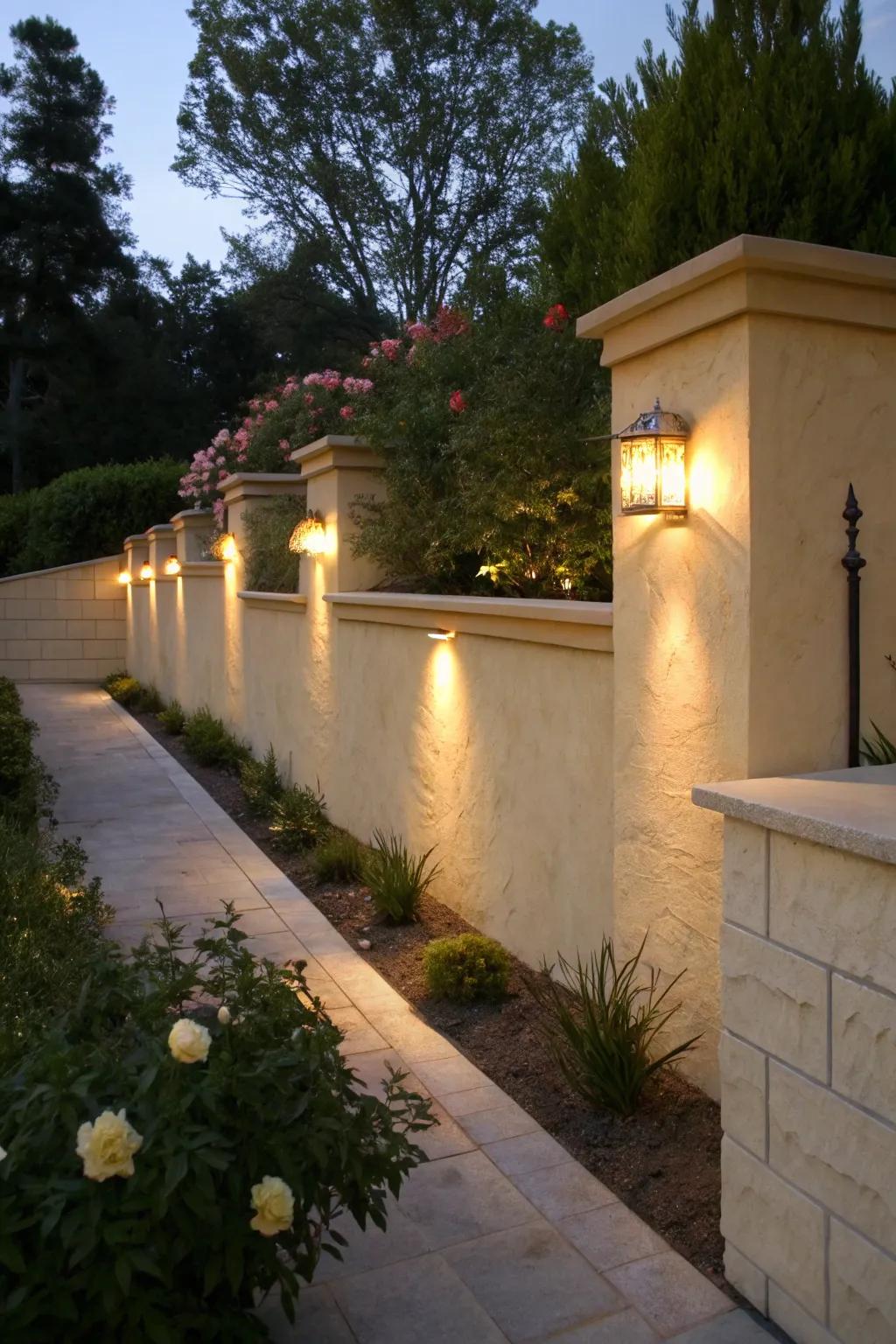 Lighting effects highlight the beauty of stucco walls at night.