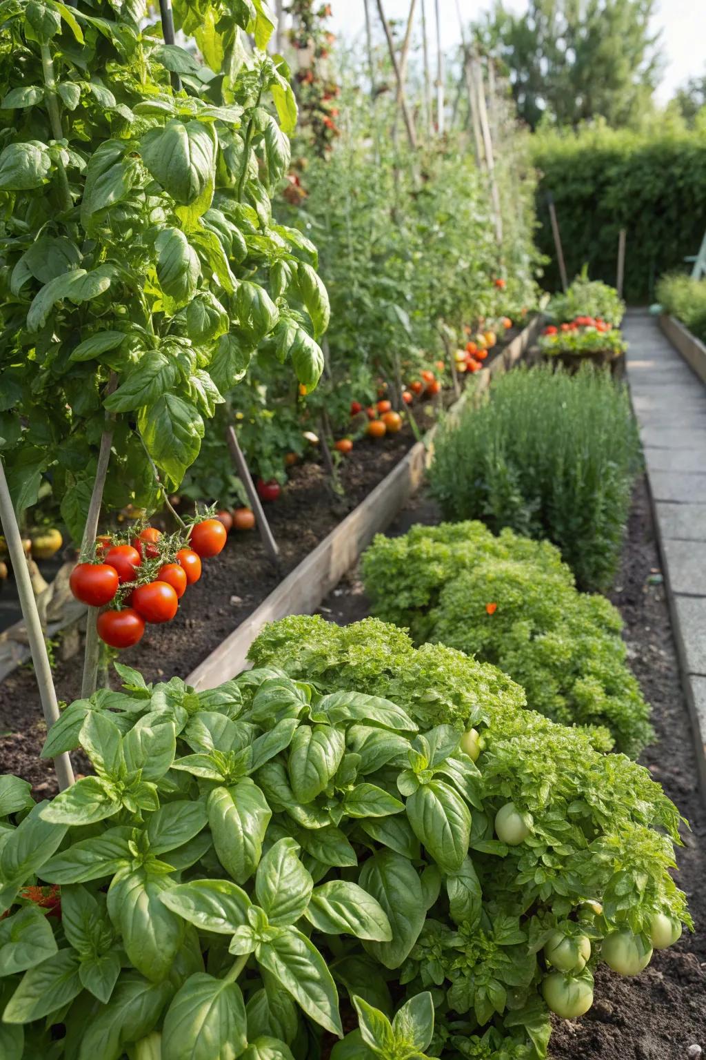 Tomatoes and basil growing in harmony in a garden.