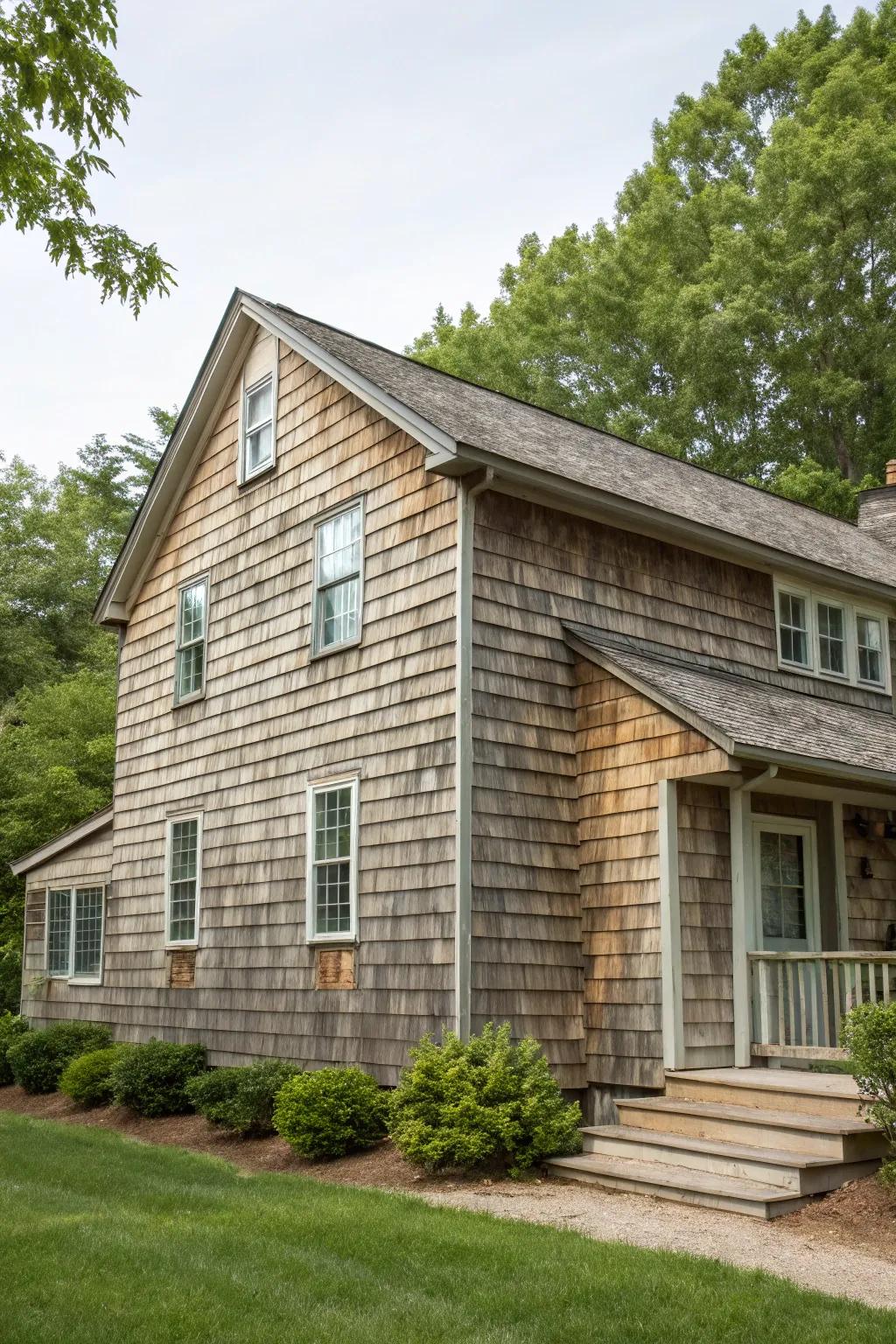 Weathered vinyl siding offers a timeless, aged wood appearance.