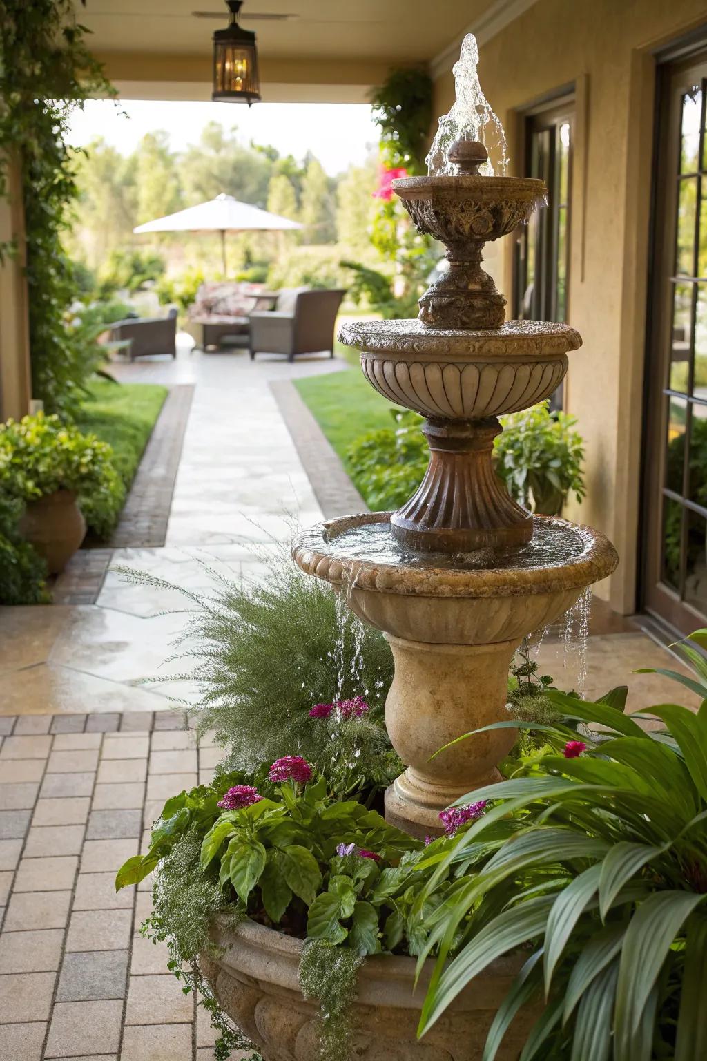 A fountain vase combines art with water feature elegance.