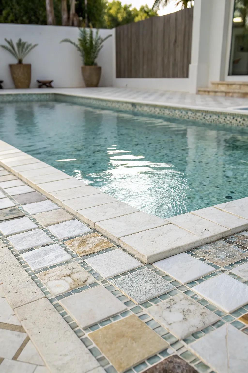 A rich monochromatic look using layered white tiles.
