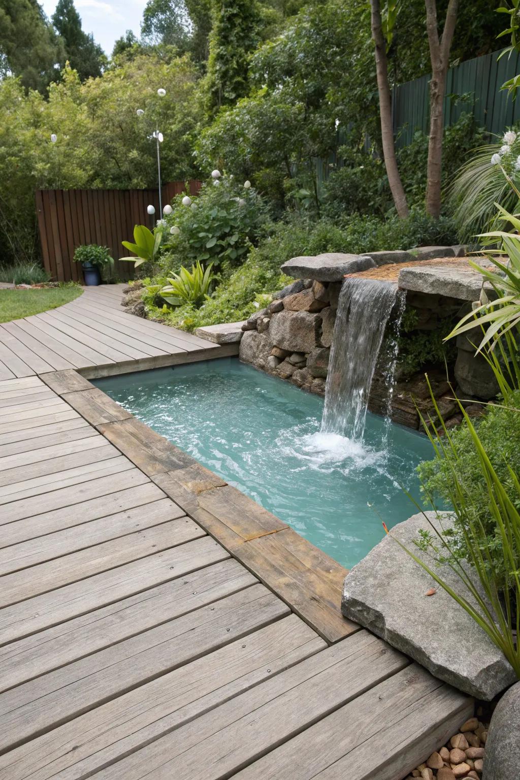 A serene pool deck with an elegant water feature.