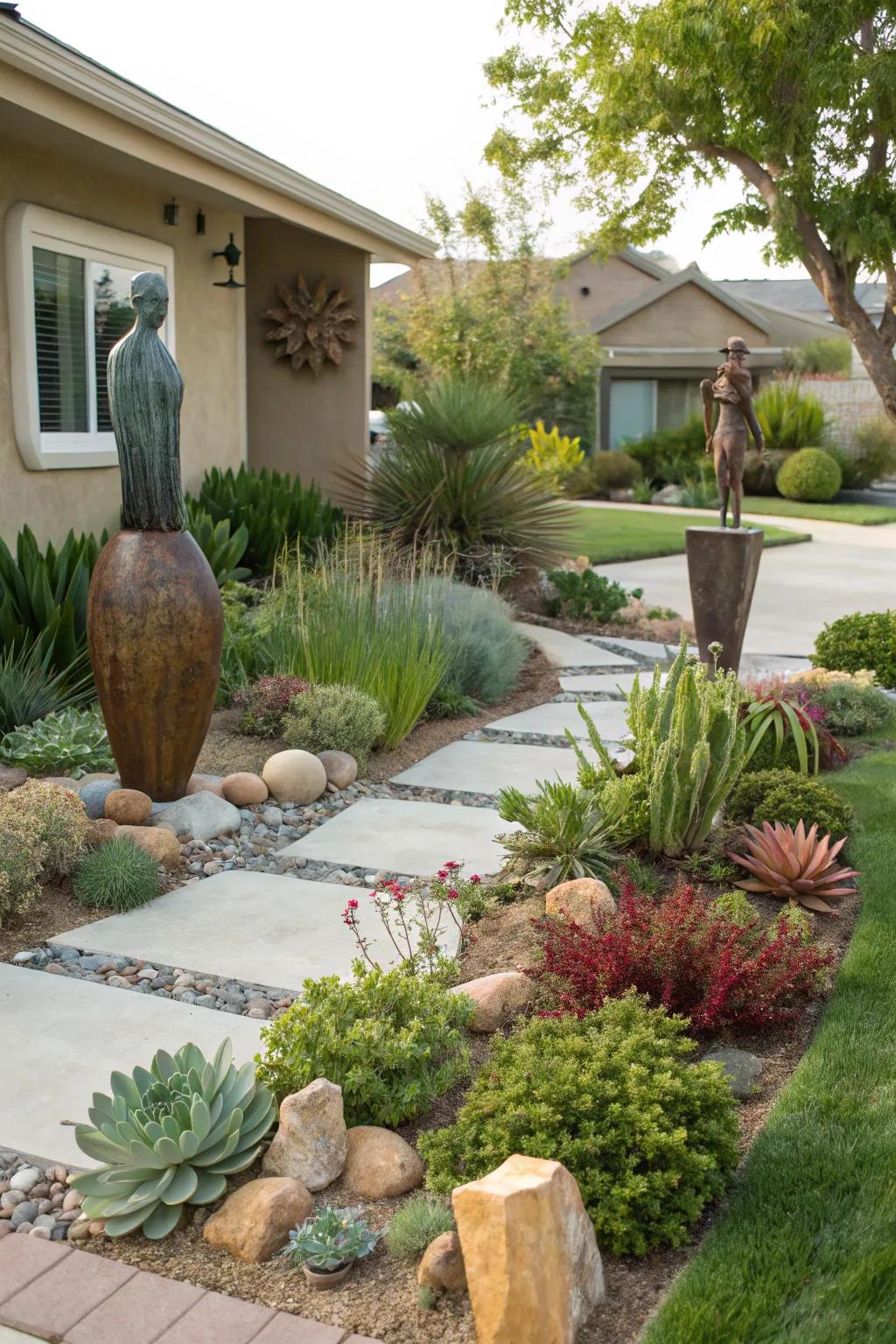 A front yard featuring artistic sculptures integrated into a xeriscape design.
