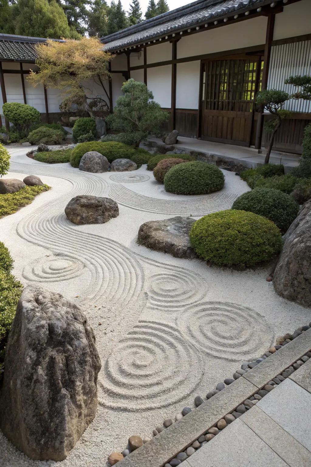 Sand patterns add a meditative element to a Zen garden.