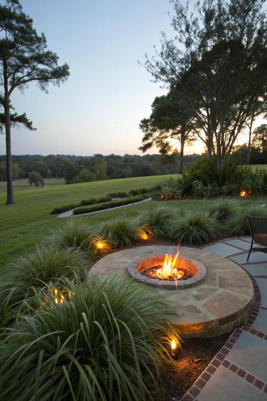 Mondo grass surrounds a fire pit, adding a cozy, natural touch to the space.