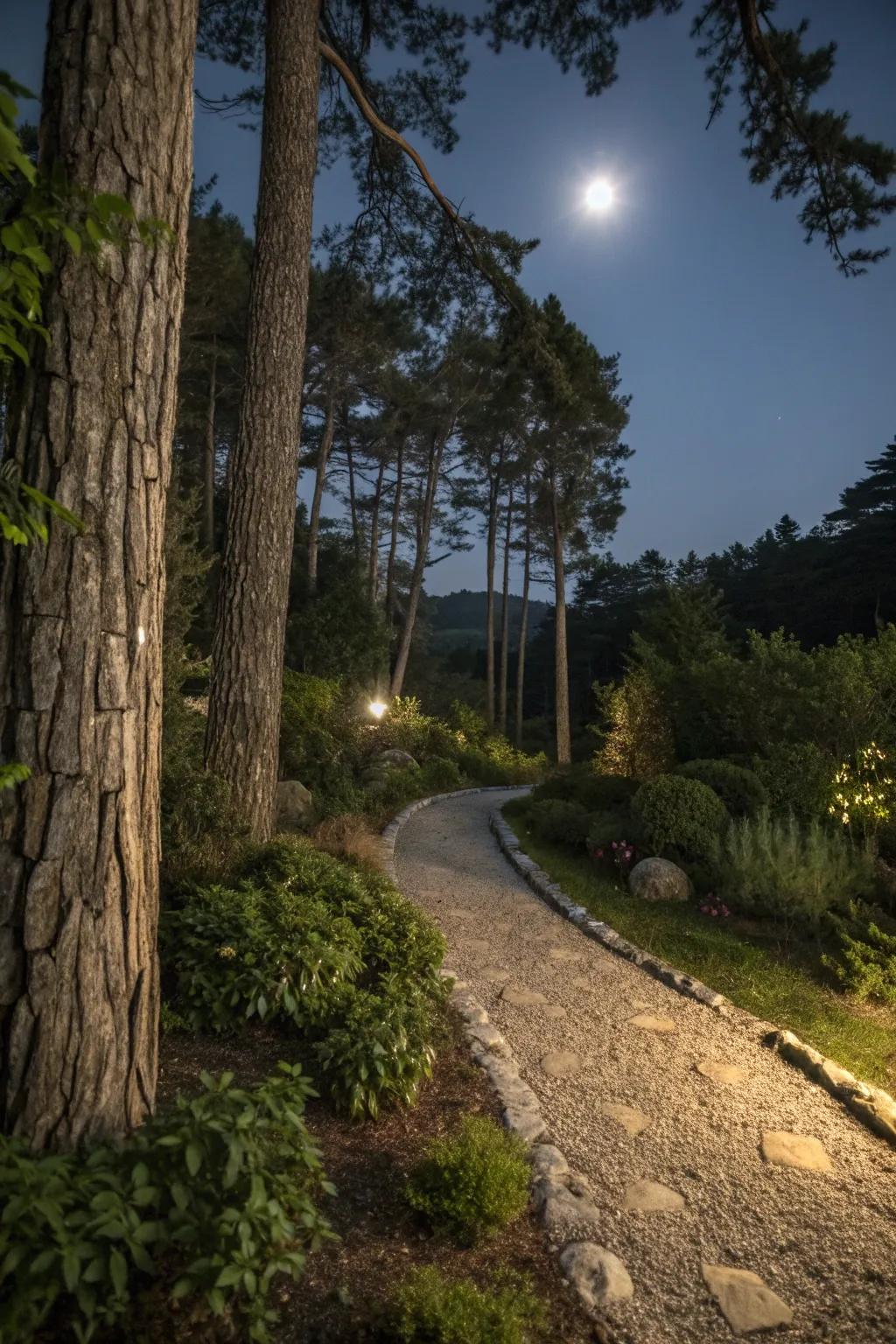Natural textures adding depth to the moonlit garden.