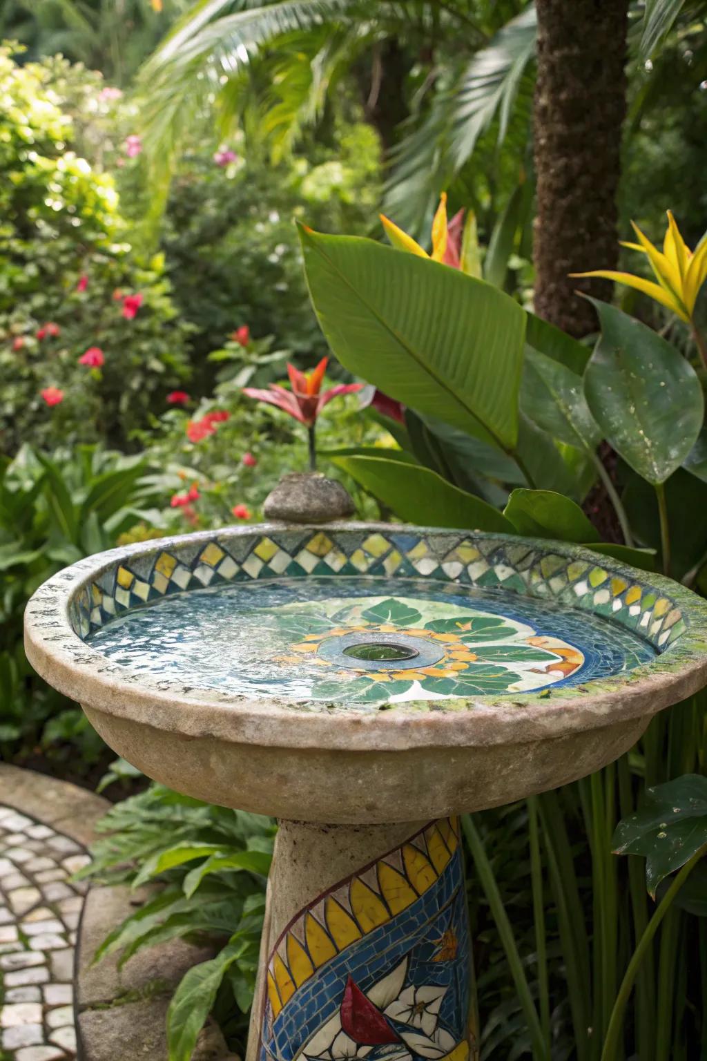 A tropical-inspired mosaic bird bath, offering a vibrant escape in your garden.