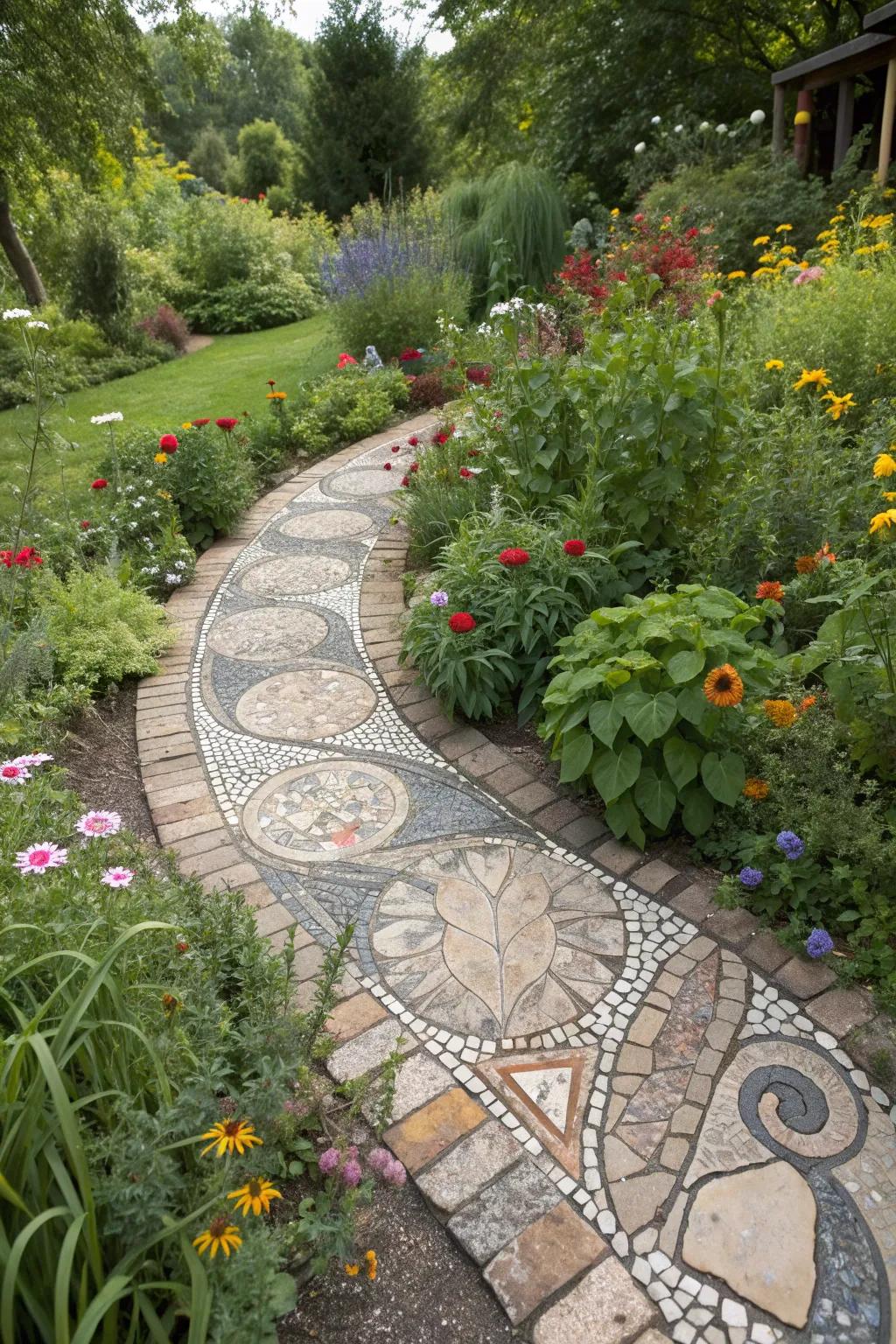 An eclectic mix of materials tells a personal story in this path.