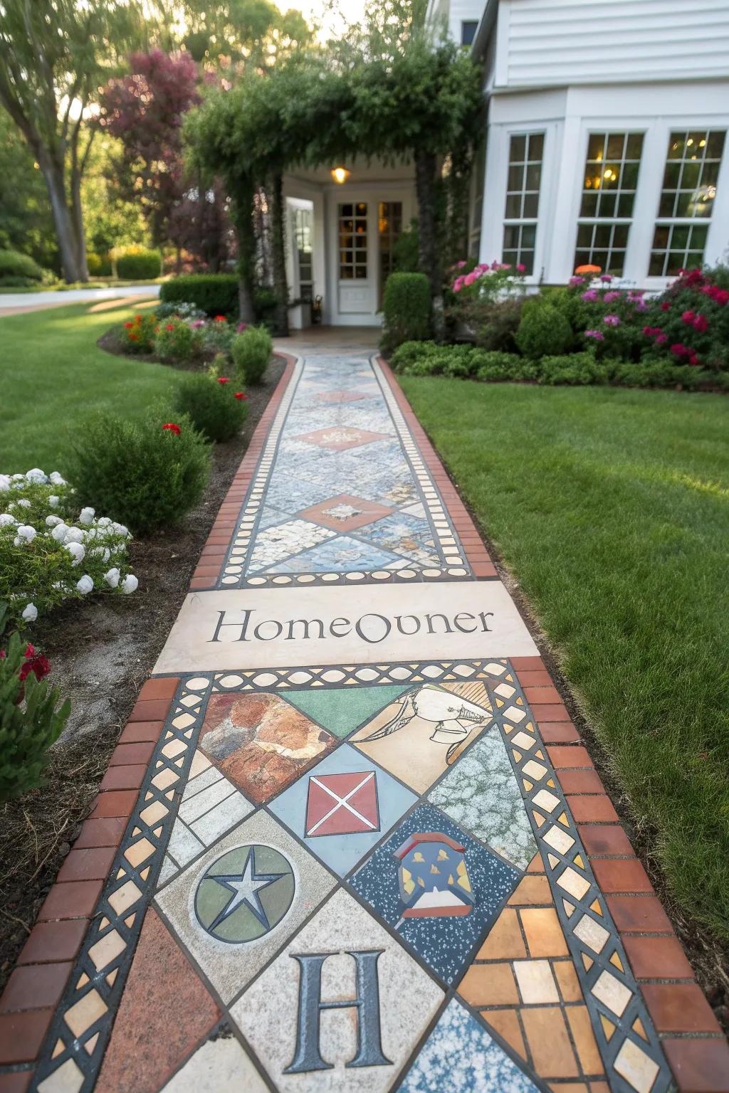 A personalized mosaic pathway showcasing custom symbols, reflecting personal stories.