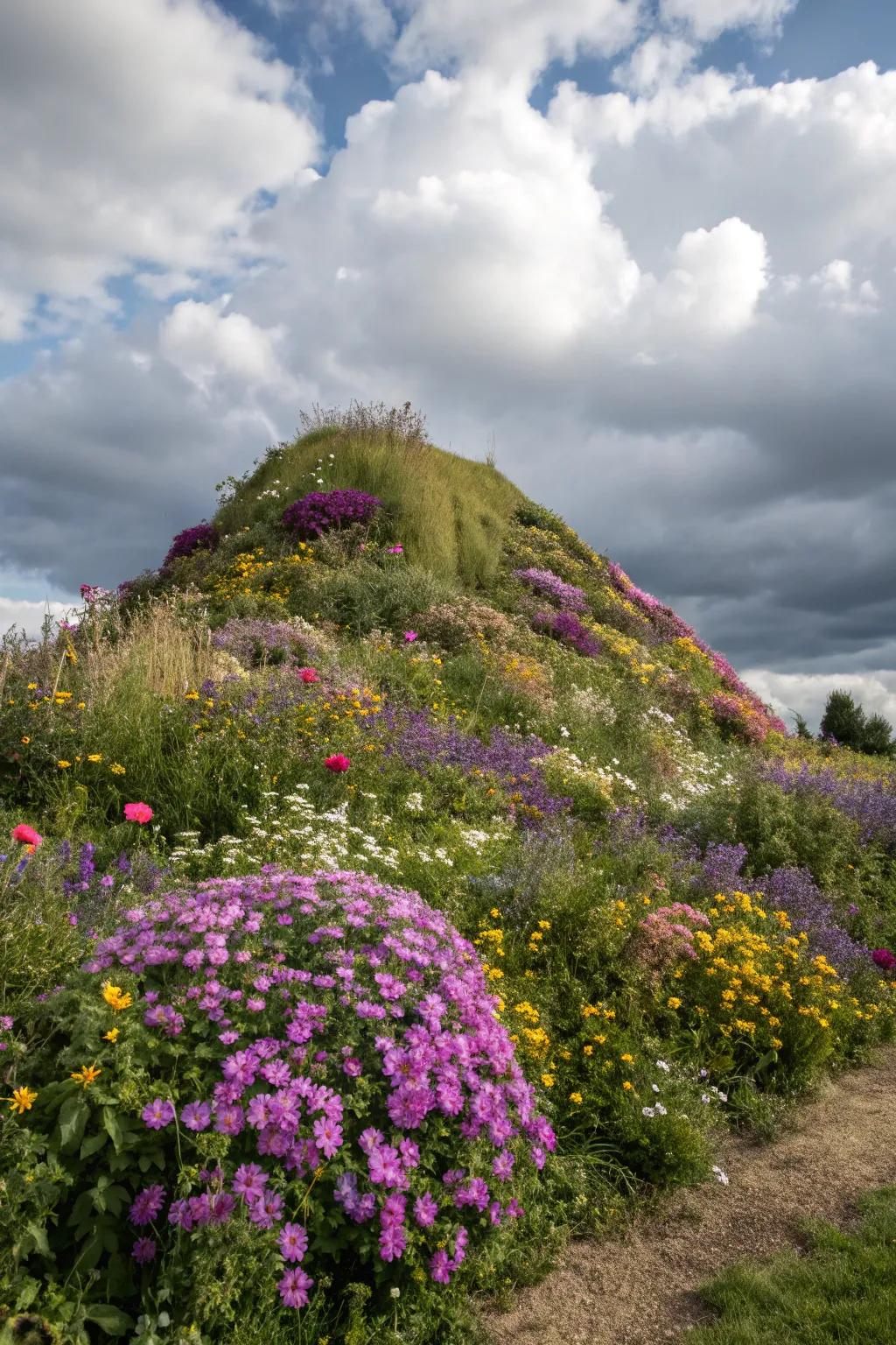 Wildflowers bring a natural charm to garden mounds.