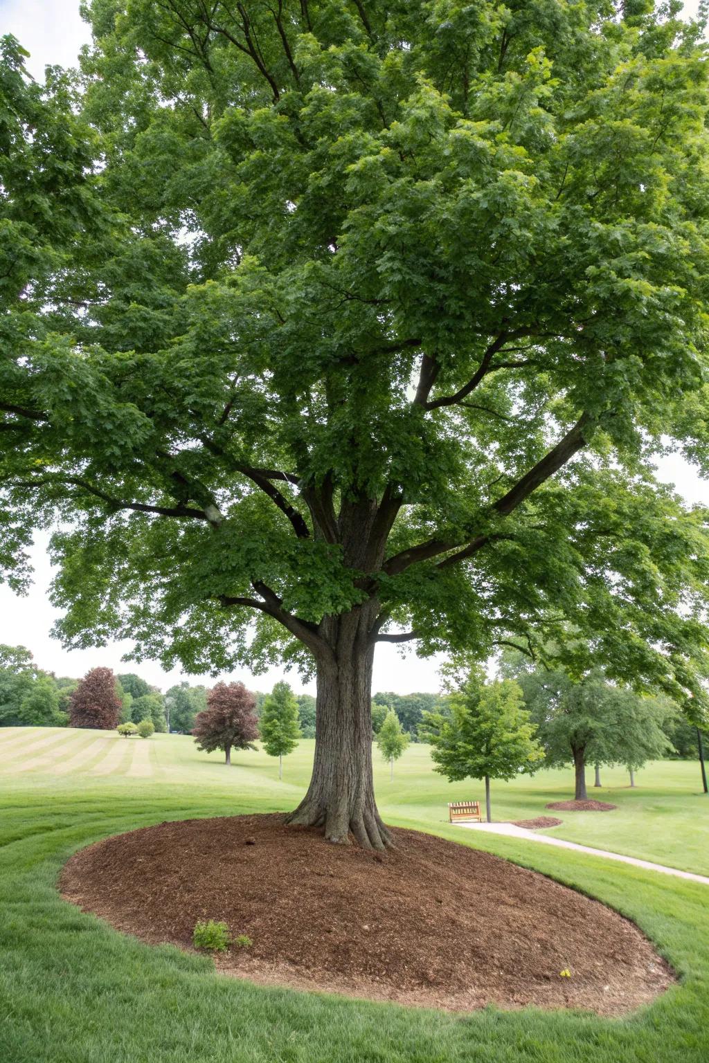 A majestic tree with a protective, tidy mulch covering around its base.