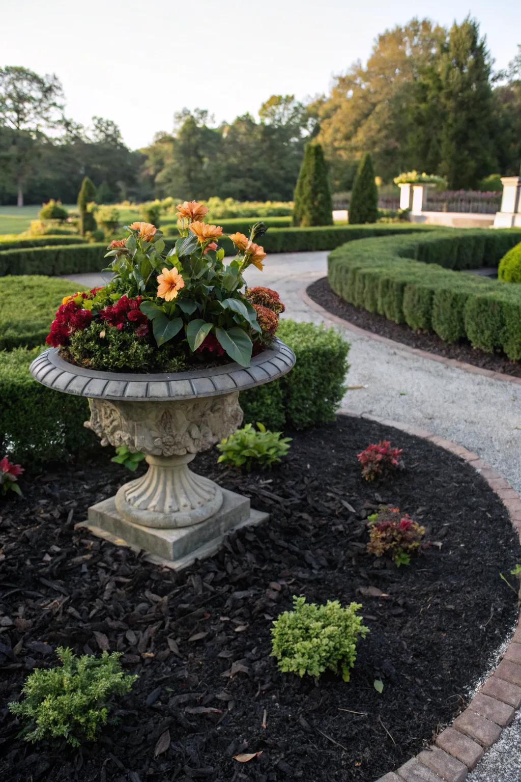 Garden centerpiece beautifully highlighted by mulch.