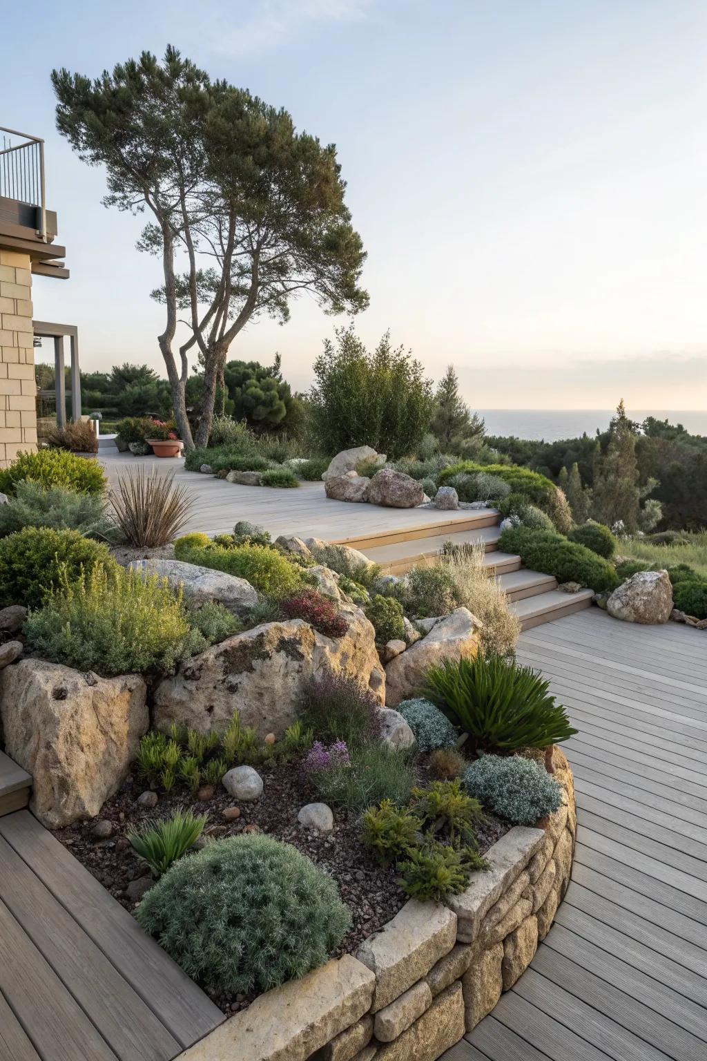 Sculptural landscaping adds artistic elements to this multilevel deck.
