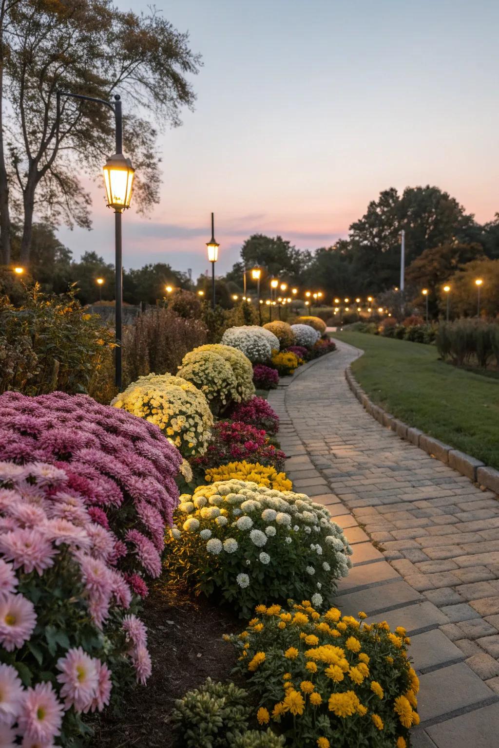 Mums illuminated by outdoor lighting for an enchanting look.