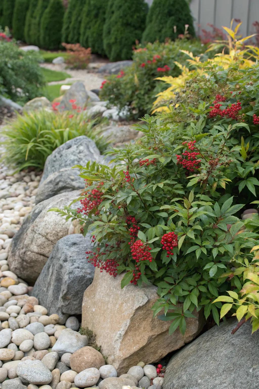 Nandina adds vibrant color to rock gardens, creating a striking contrast.