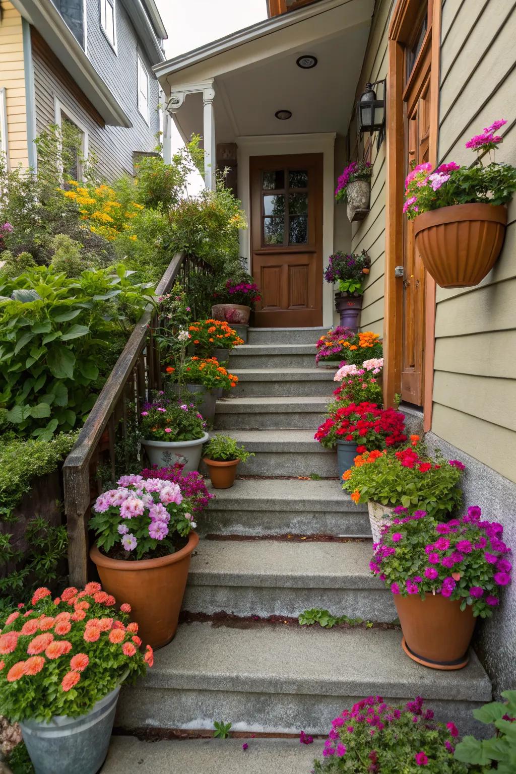 Potted plants on steps add color and interest to a narrow porch.