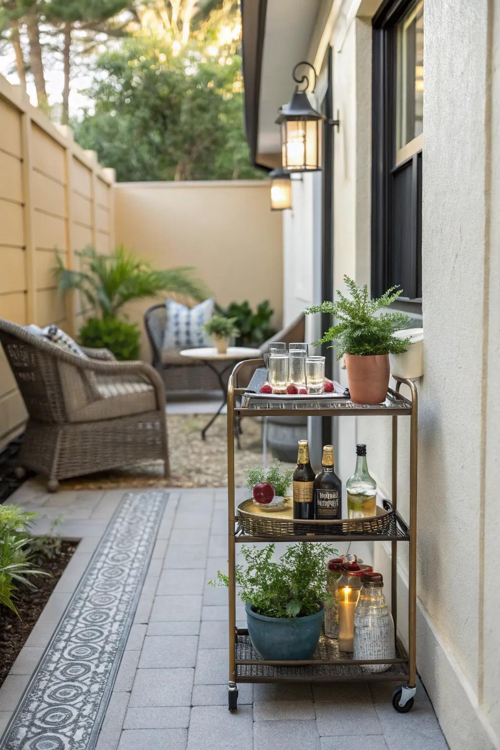 Bar cart on a narrow patio.