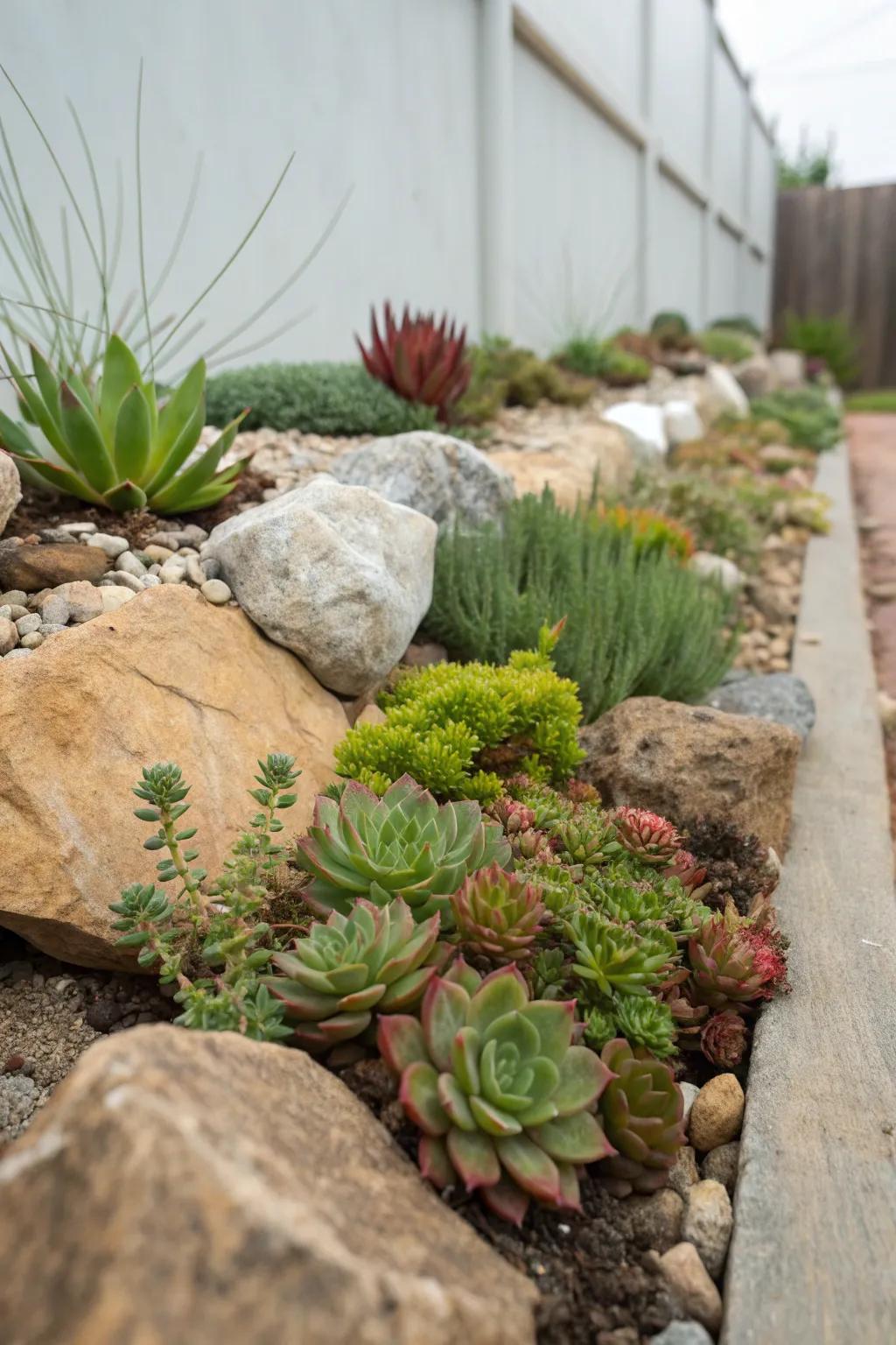 A rock garden with succulents adds texture and interest to this narrow strip.