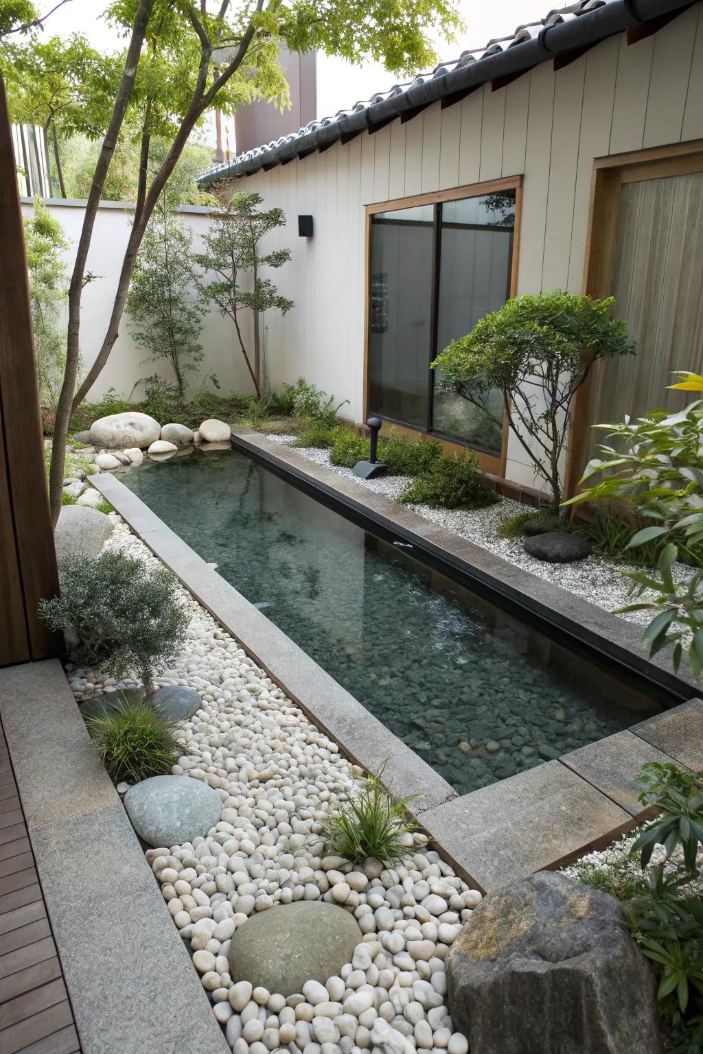 A Zen-inspired narrow pool offering a peaceful retreat.