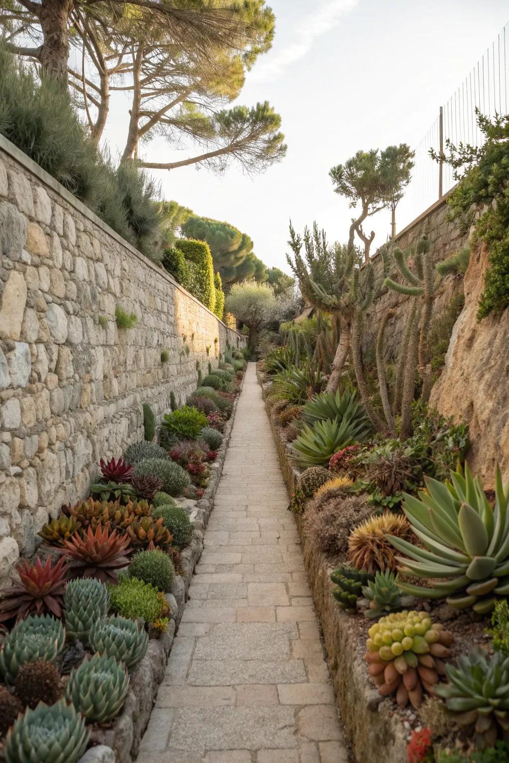 A narrow walkway with succulents offering a pop of texture.