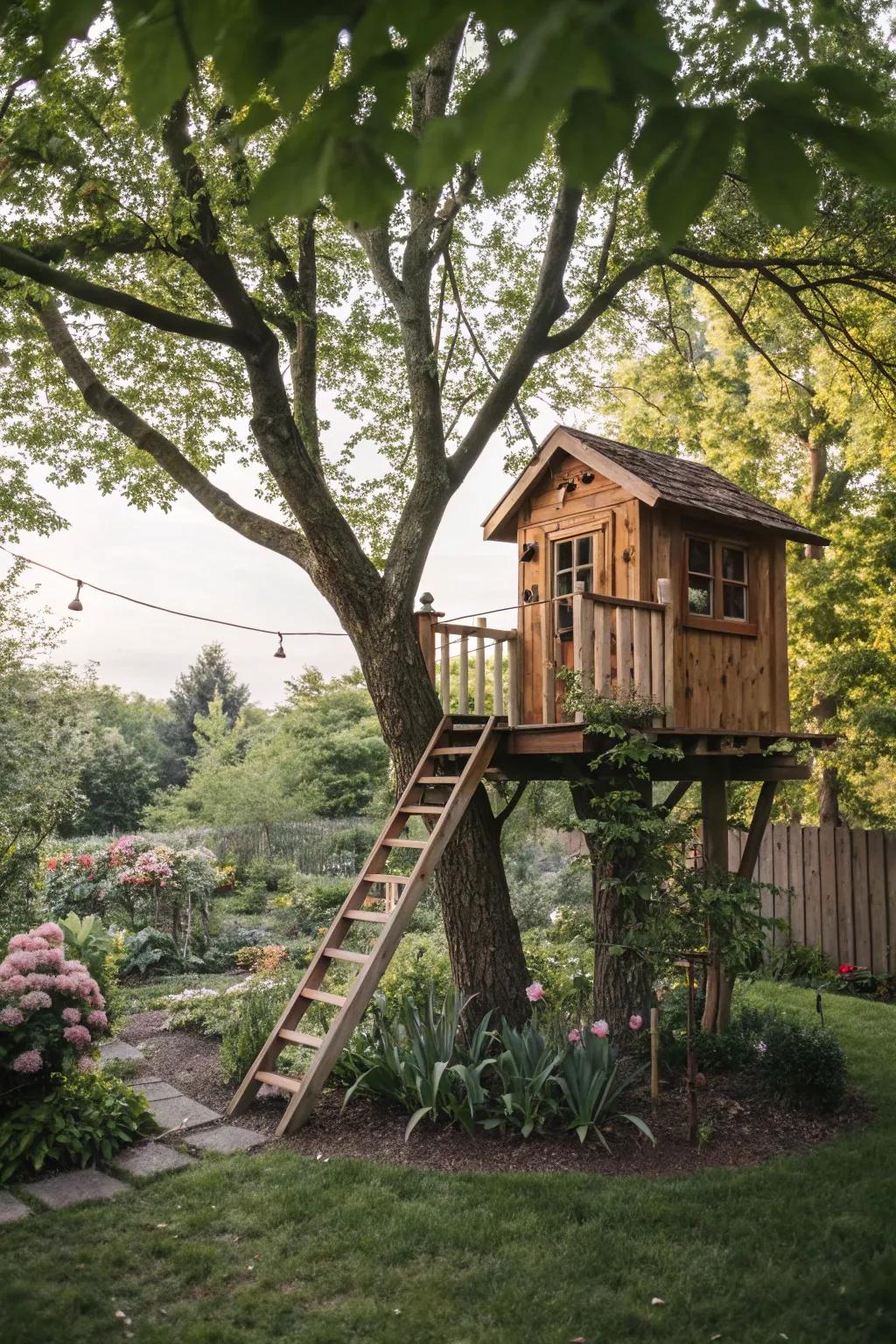A cozy treehouse offering a unique view of the backyard garden.