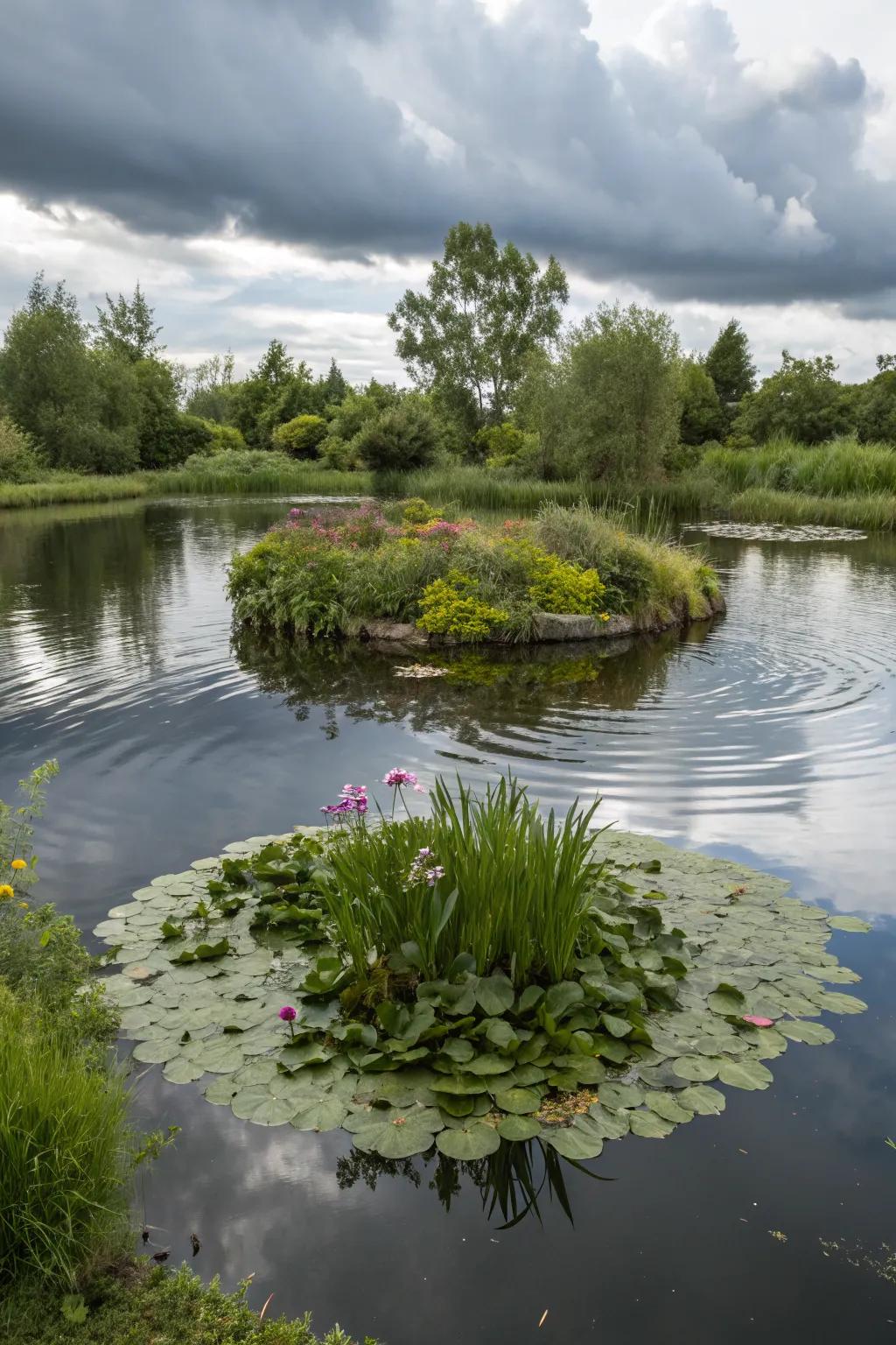 A floating island providing intrigue and balance to the pond.