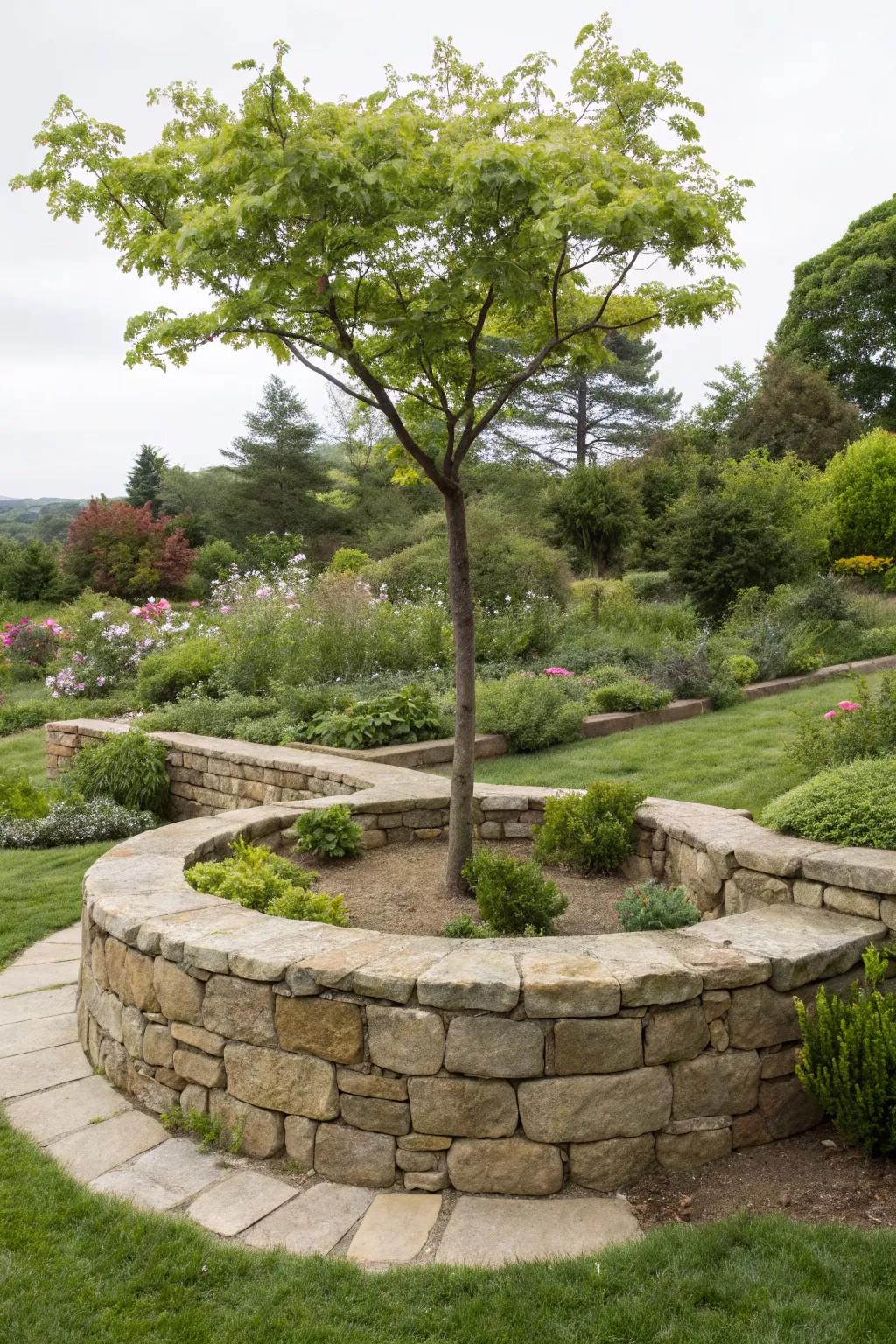 A circular stone wall providing a focal point with a central tree.