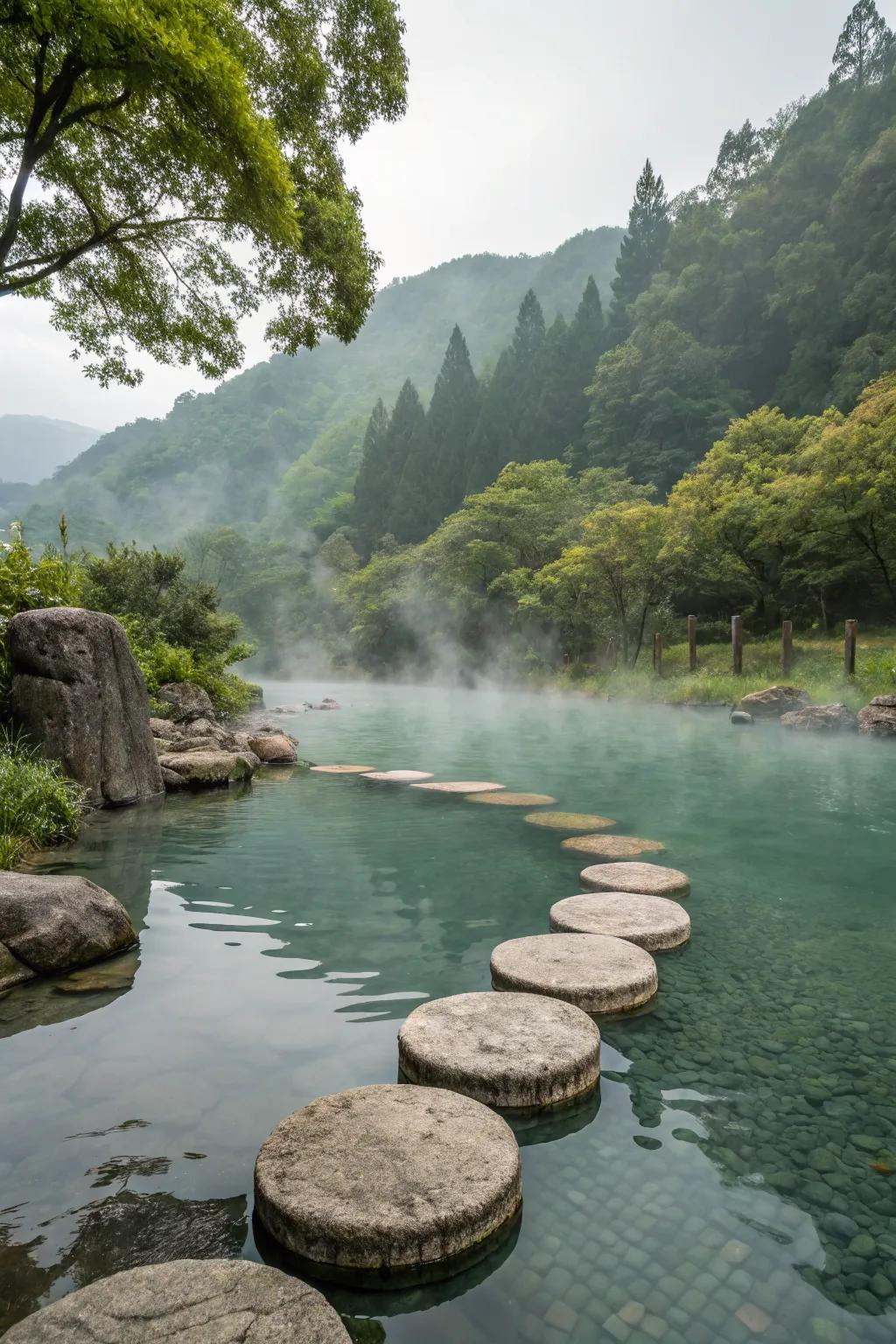 A natural swimming pool with floating stepping stones, adding a magical and unique touch.