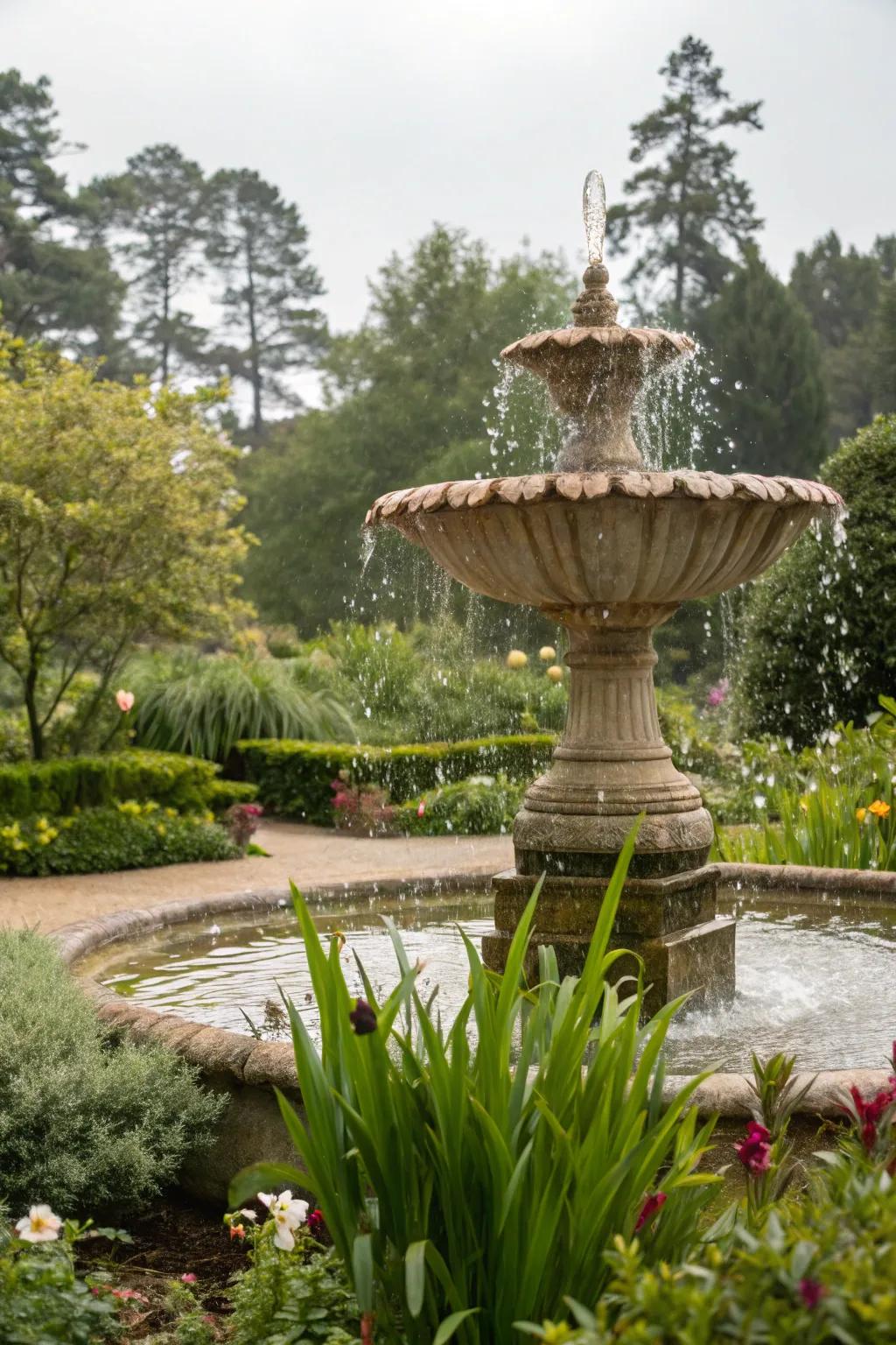 A clam fountain serves as an eye-catching water feature in your garden.
