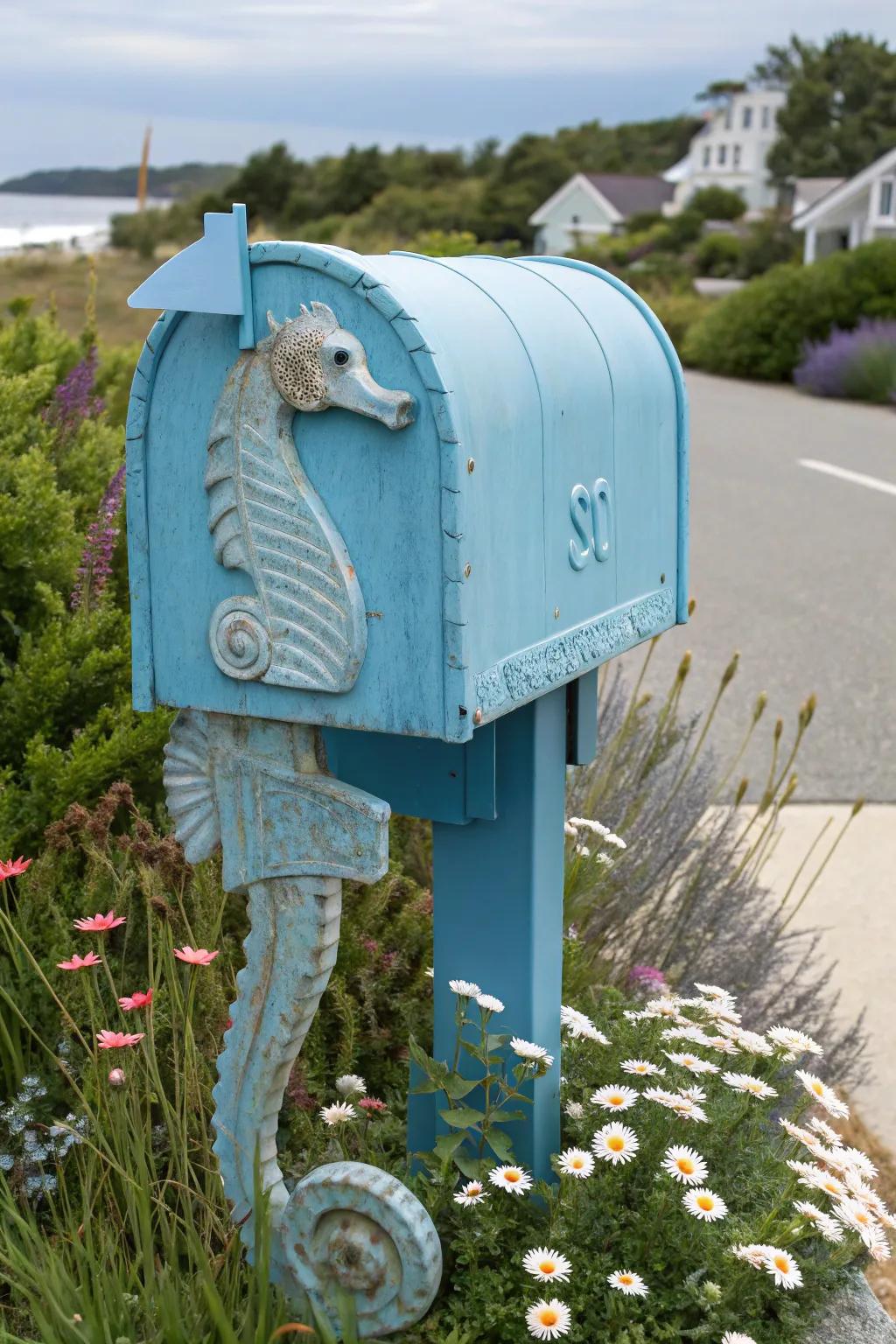 A mailbox with a decorative seahorse.
