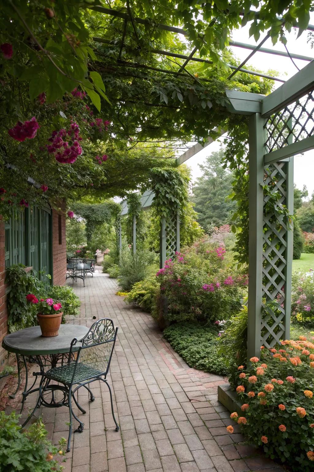 A garden party haven with lush greenery surrounding the patio.
